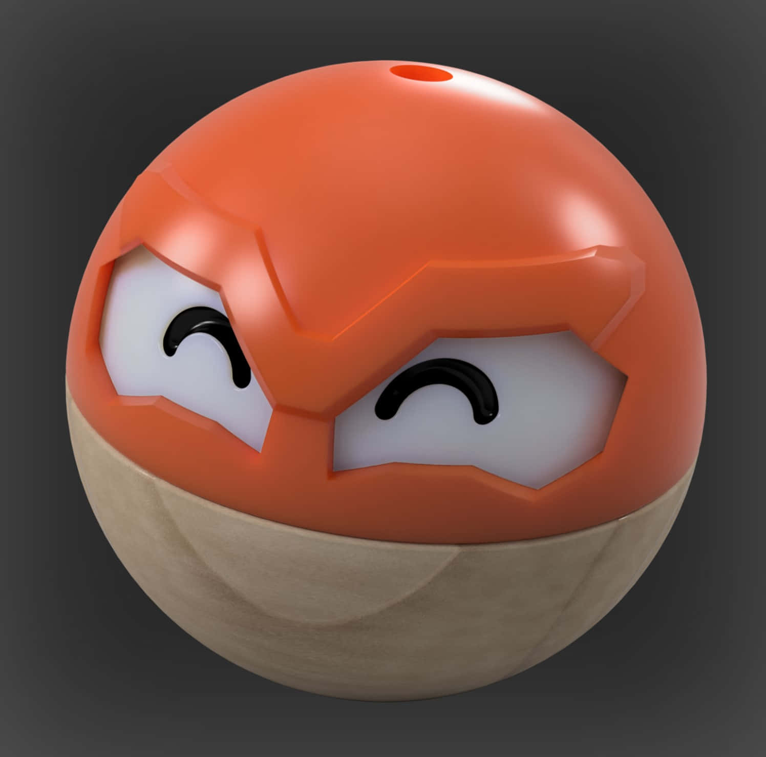 動畫風格的Voltorb — 經典寶可夢角色 壁紙 — 一個3D渲染的橙色和米色球形角色，有大大的微笑眼睛和頂部的一個小孔。