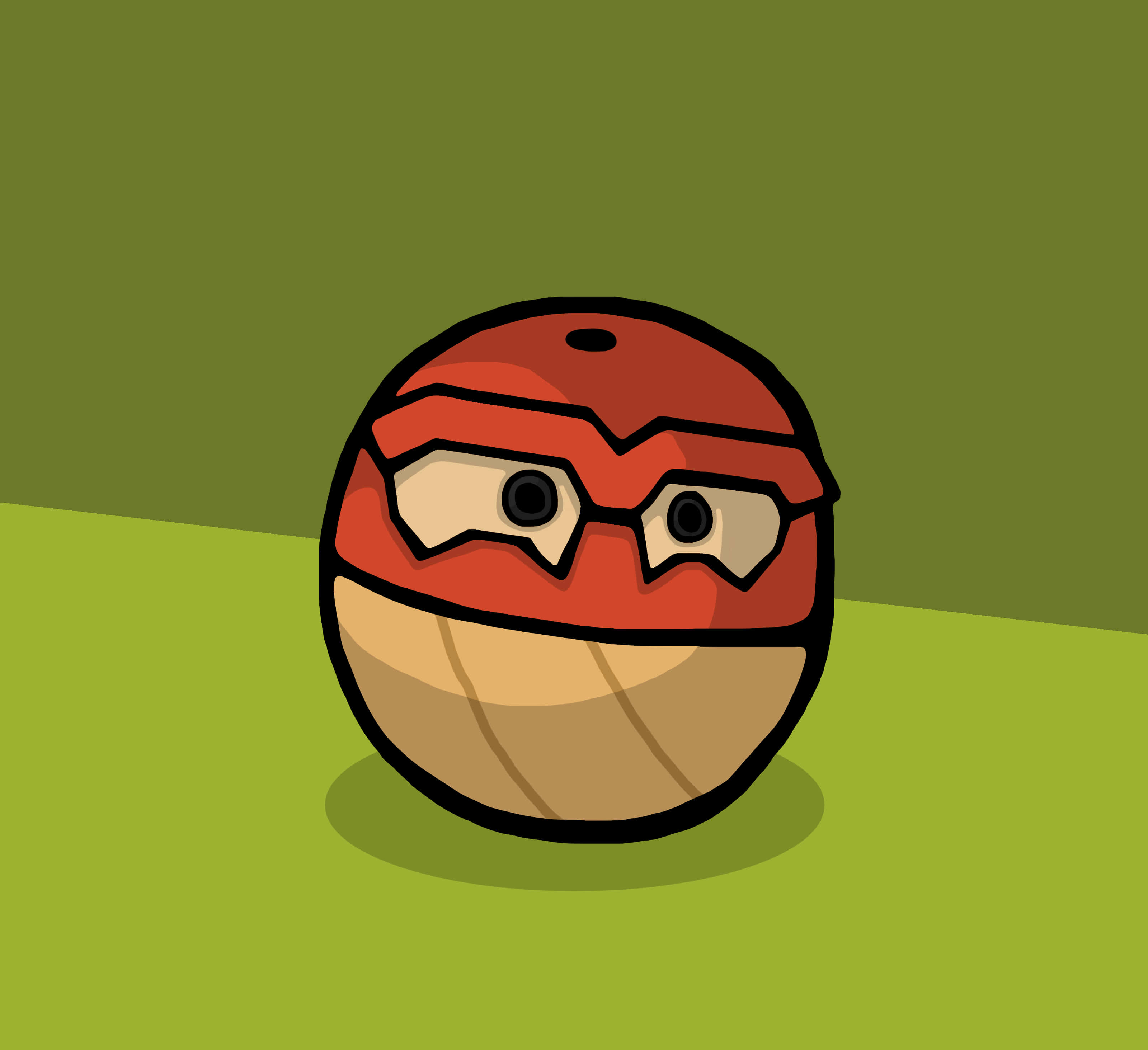 動感爆炸：Voltorb 主動發動攻擊 壁紙 — 一個卡通籃球，戴著紅色忍者面具，眼睛憤怒，坐在綠色表面上。