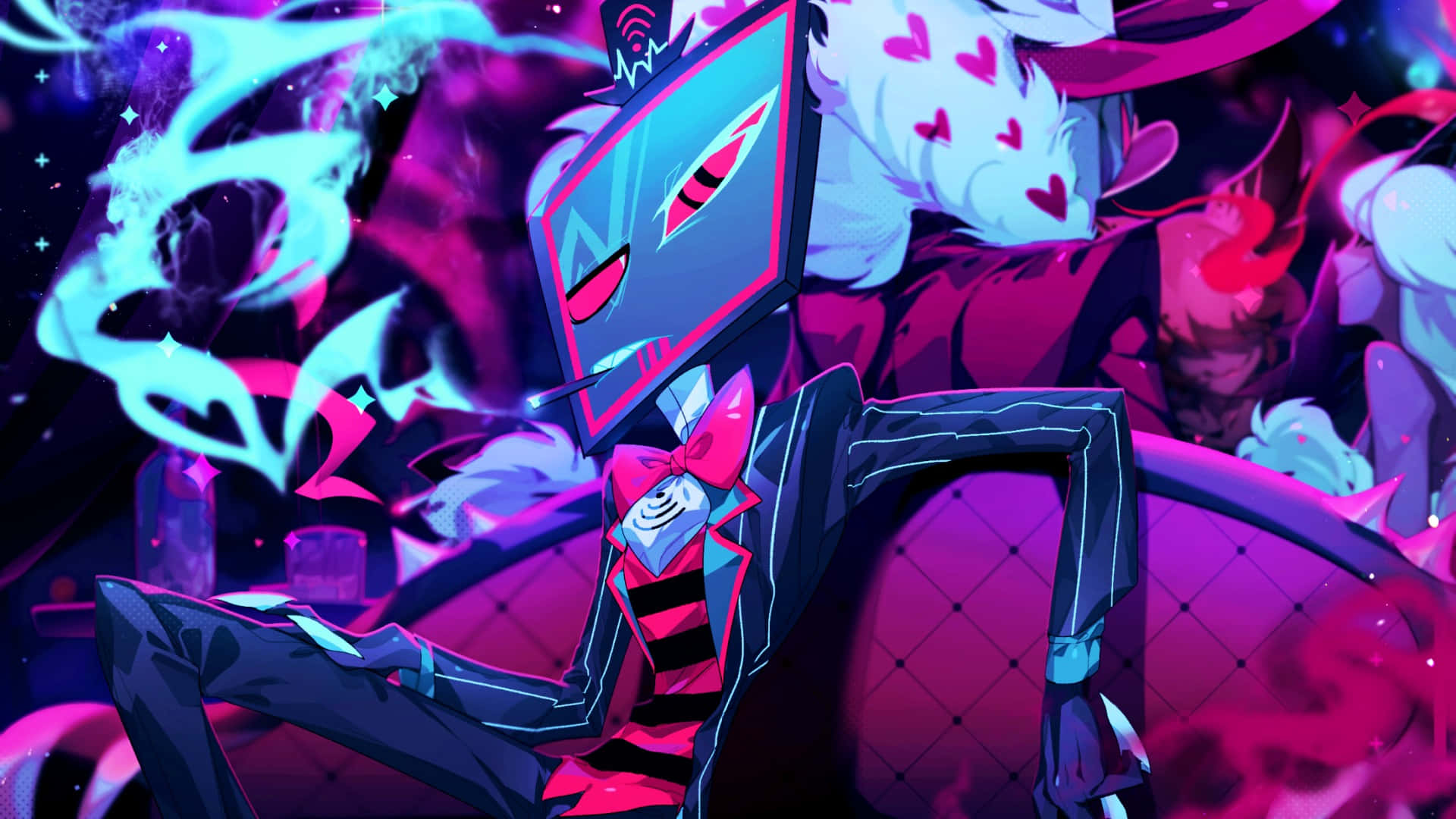 Vox《Hazbin Hotel》角色 壁紙 — 一個風格化的動漫角色，頭部是一個屏幕，自信地坐在一個充滿霓虹燈、心形和宇宙漩渦的房間裏。