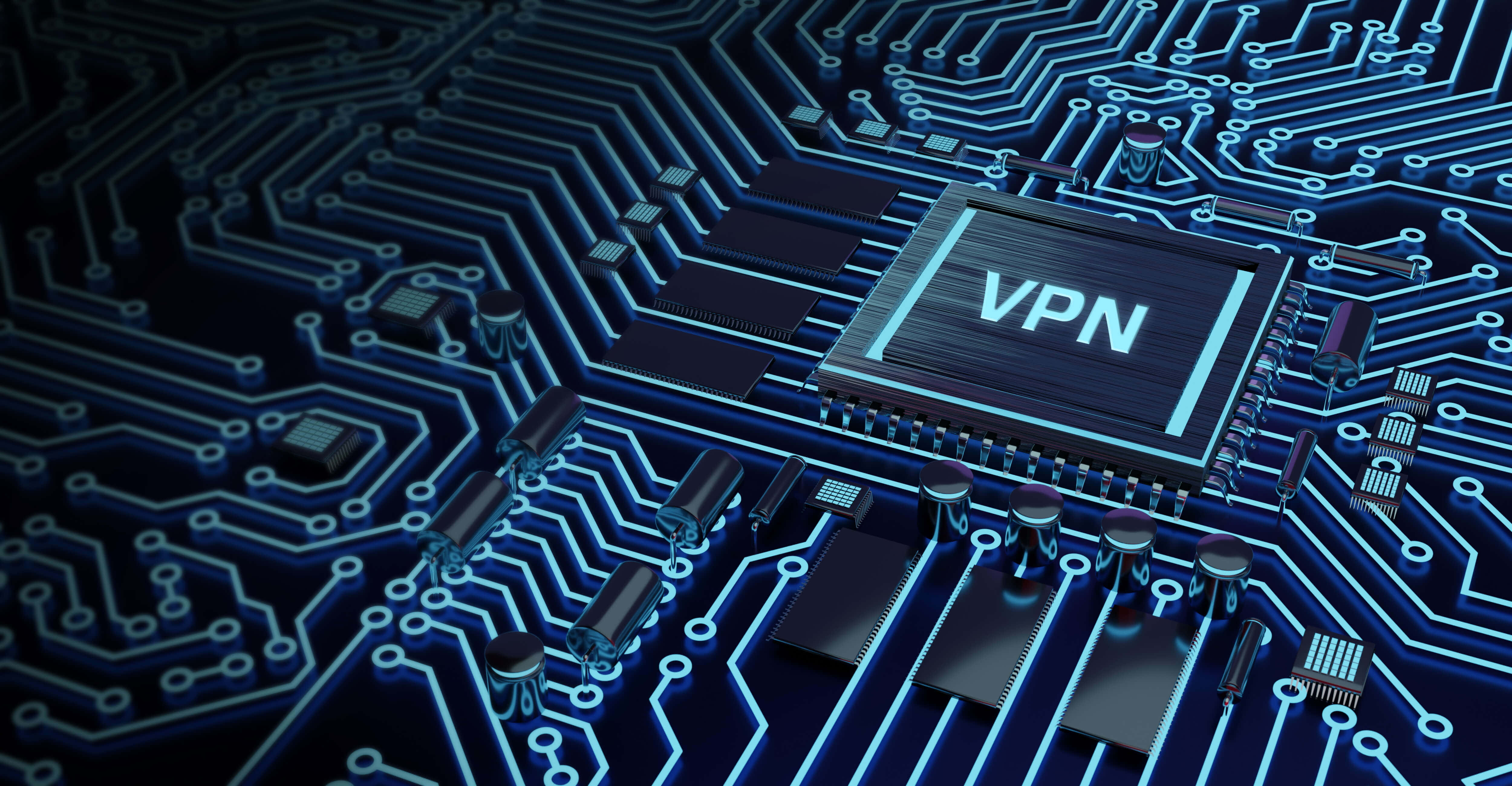 VPN晶片與藍色微電子 壁紙 — 一塊發光的藍色電路板，中央有一個標有VPN的芯片，照亮了高科技數位景觀。