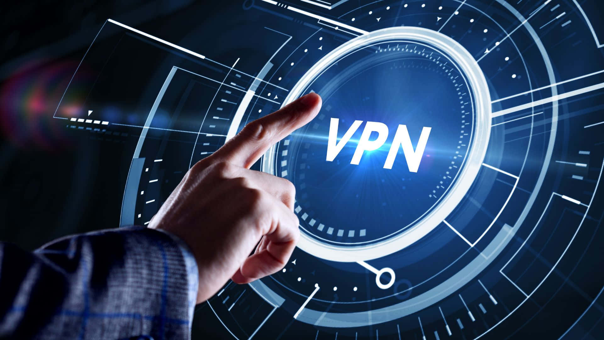 未來感藍色數位效果的VPN 壁紙 — 一隻手輕觸一個發光藍色全息VPN界面，帶有未來感數碼線條和發光點綴。