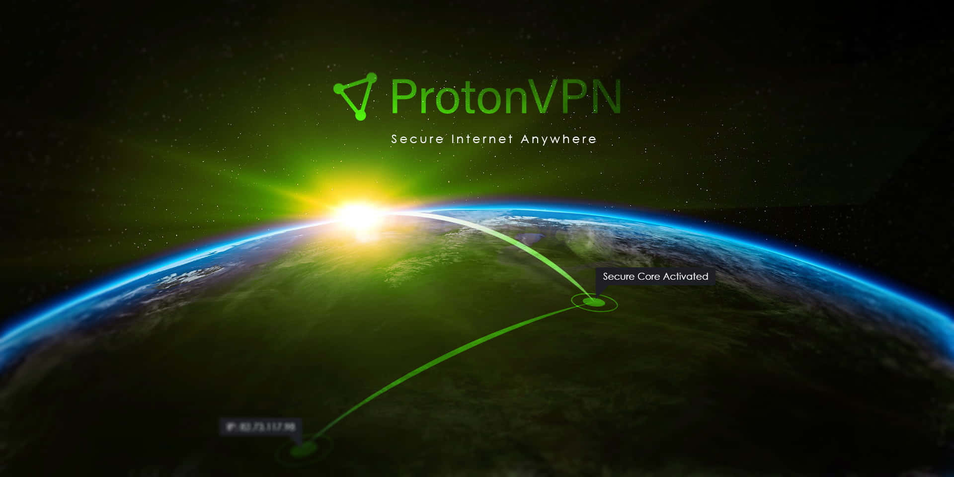 透過VPN實現安全線上連線 壁紙 — 一條充滿活力的綠色數據連接在地球彎曲的地平線上拱起，太陽在繁星點點的太空背景上升起。