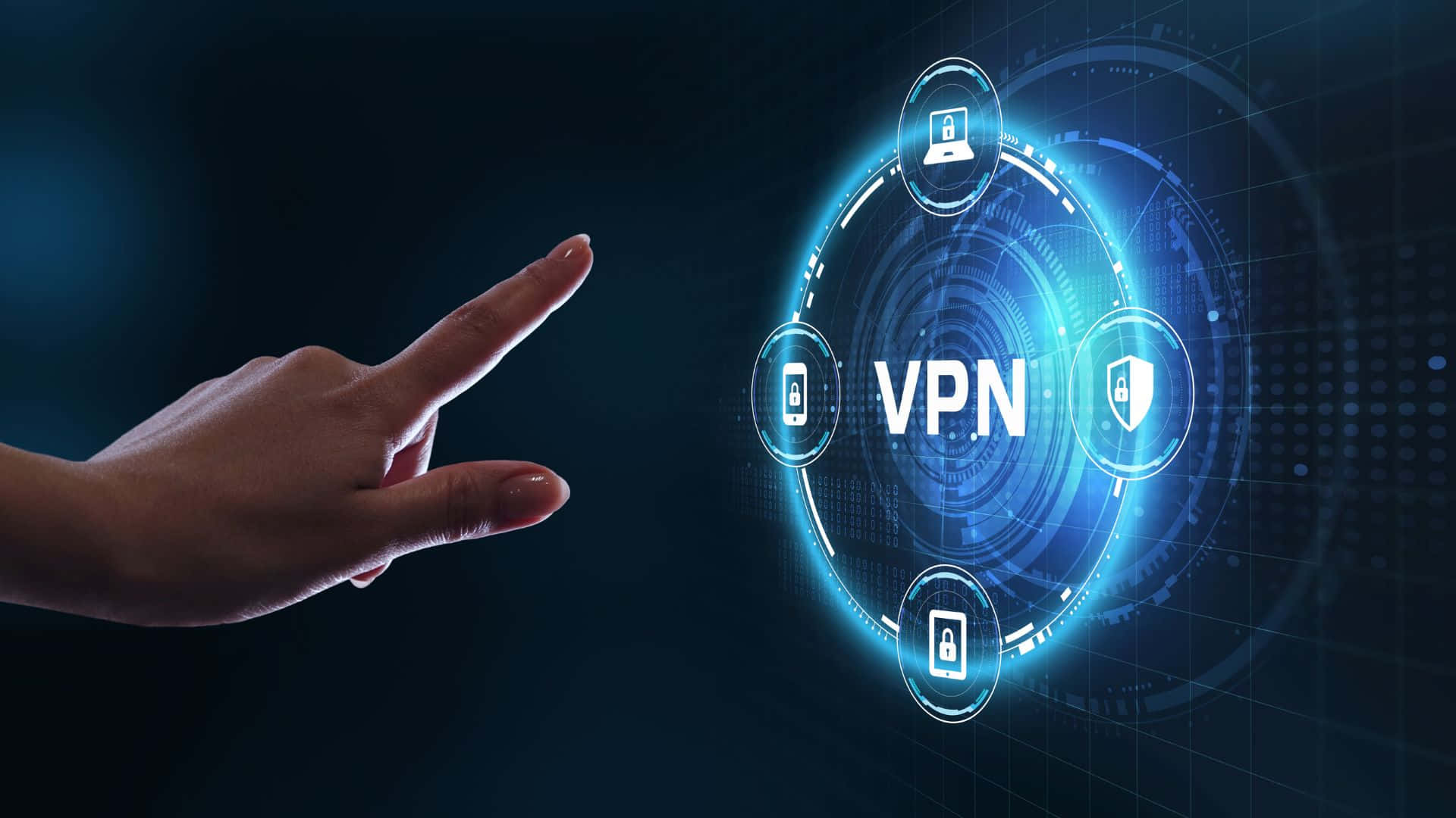 帶有藍色未來感光效的 VPN 壁紙 — 一隻手指向發光藍色全息VPN介面，周圍有安全圖示漂浮在深色背景上。