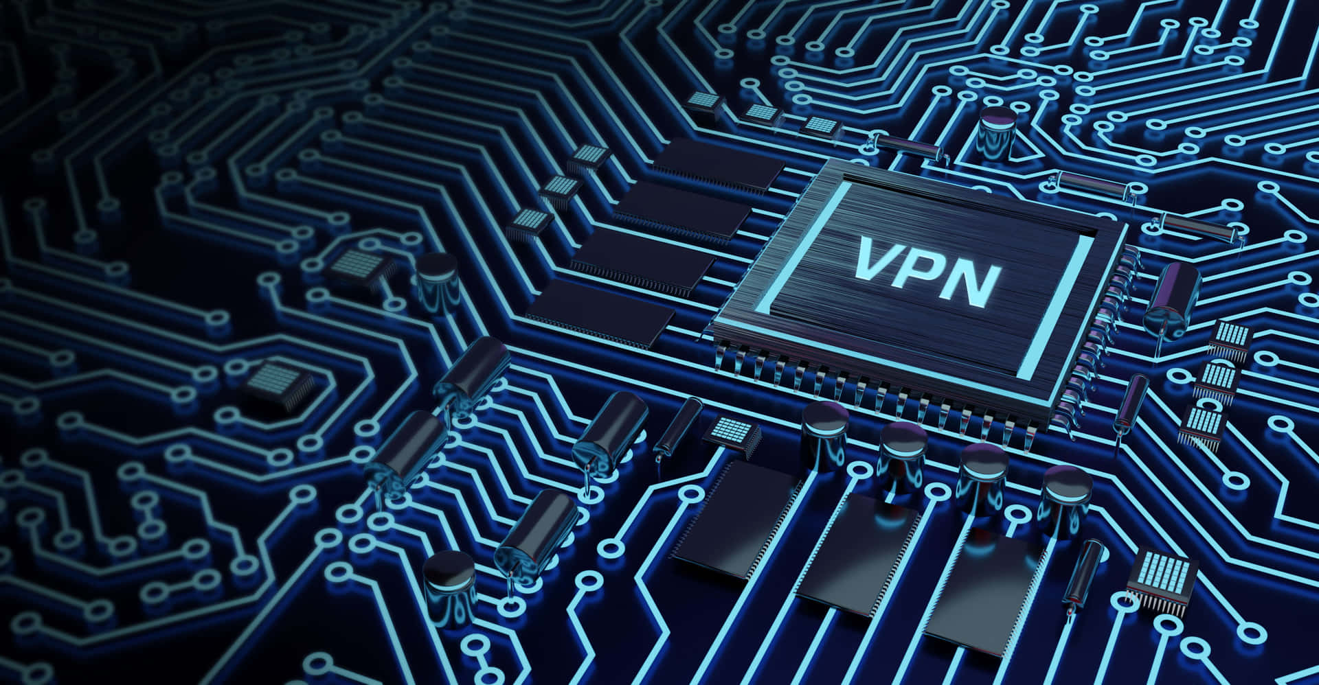 特寫一塊發光的藍色電路板，中央有一個VPN芯片。