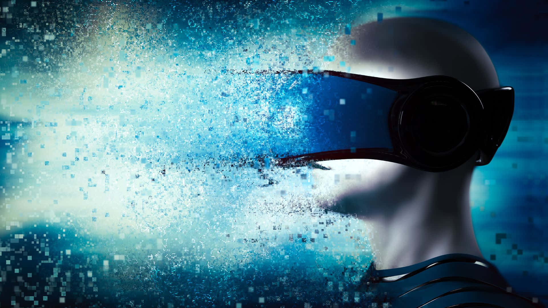 搭配增強現實的 VR 頭戴裝置 壁紙 — 一個未來主義的人形頭部，在深藍色背景下，眼睛區域有發光的藍色數位粒子爆炸。