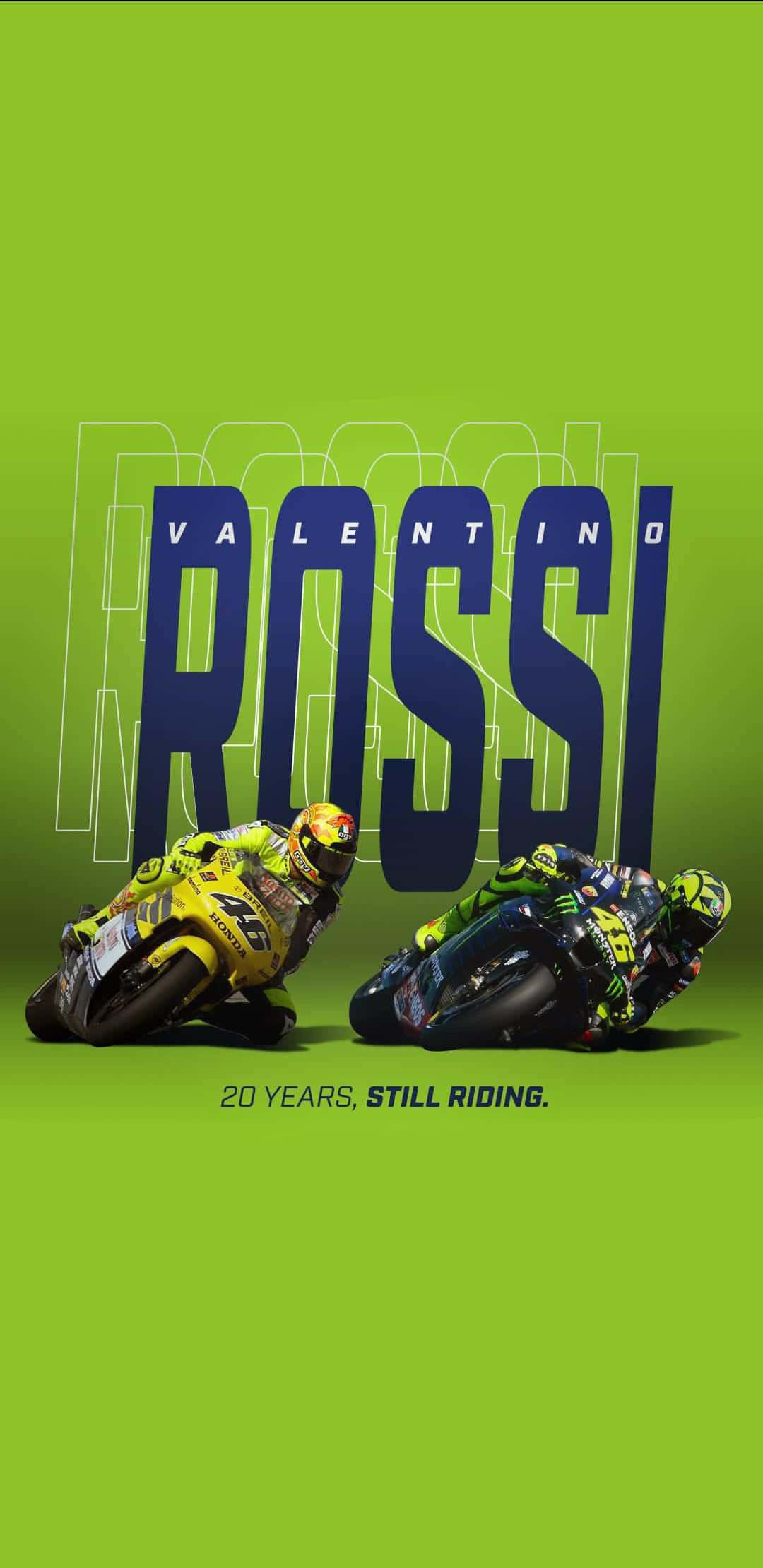 VR46 20週年紀念海報 壁紙 — 兩名全副裝備的電單車車手在鮮綠色背景上傾斜入彎，帶有「VALENTINO ROSSI」文字。