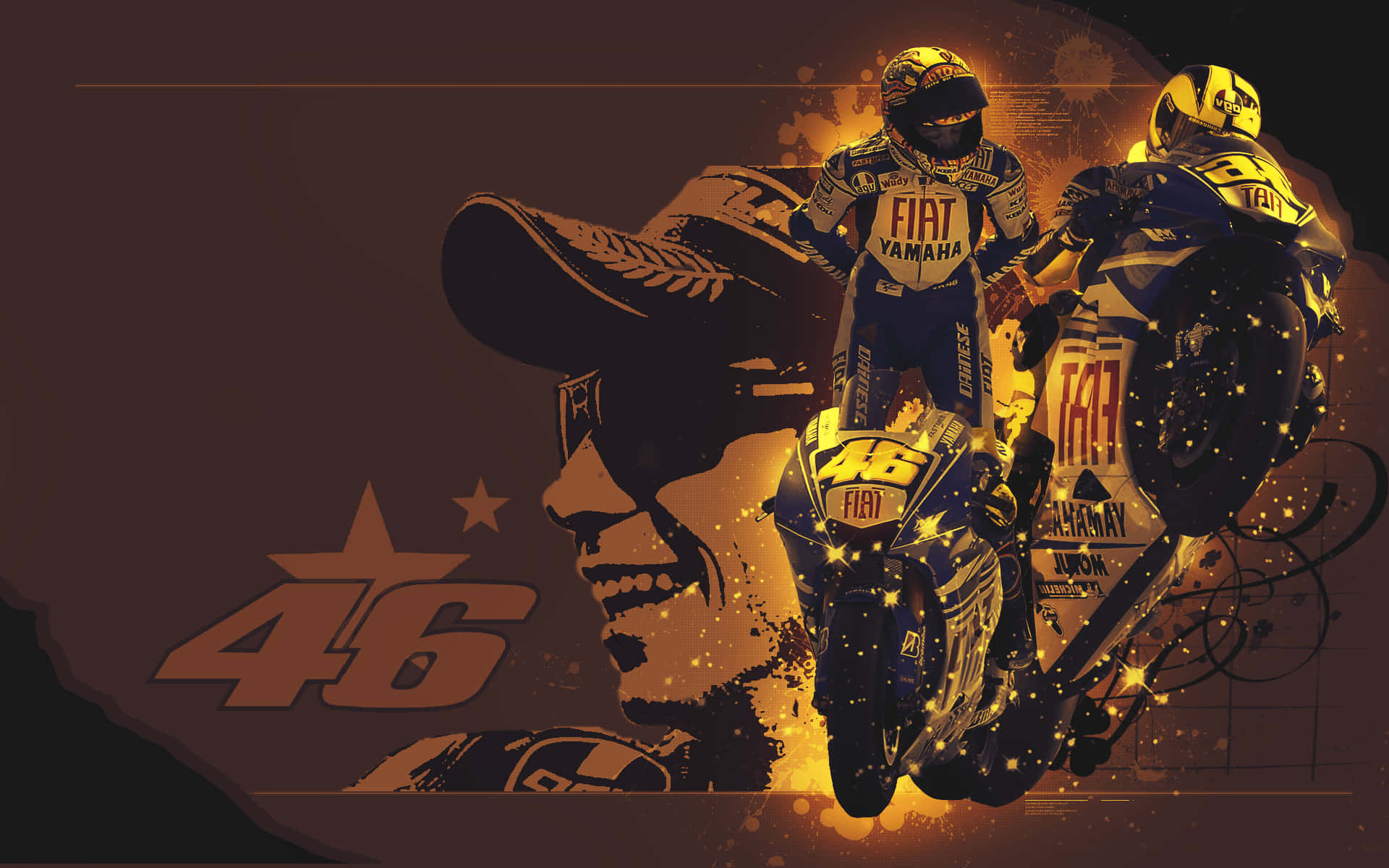 VR46 單色海報 壁紙 — 一幅動感數碼藝術插圖，描繪電單車賽車手華倫天奴·羅西騎著他的藍色Yamaha電單車，金色火花在他周圍飛舞。