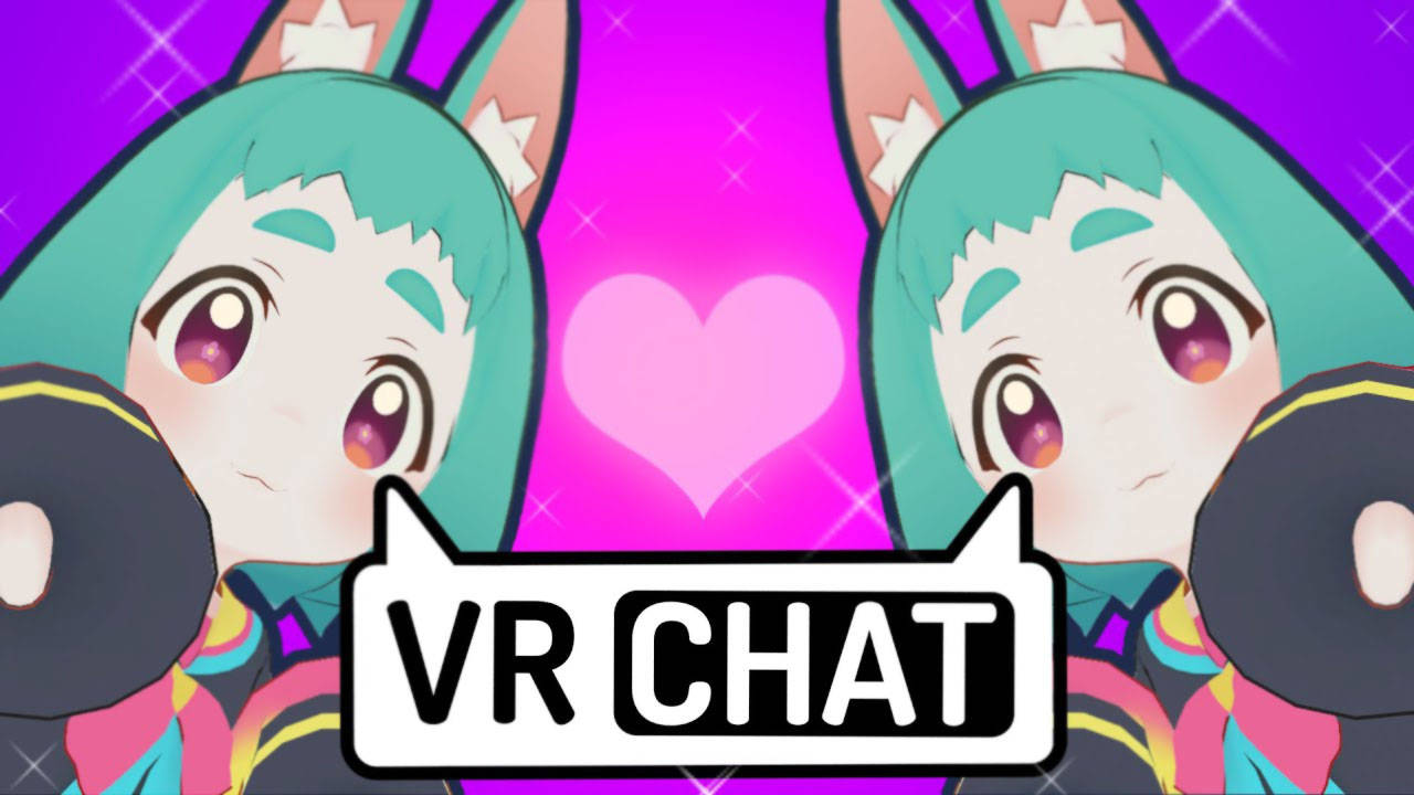 Vrchat Beepubun 角色 壁紙 — 兩個擁有青綠色頭髮和兔耳朵的動漫頭像，在閃爍的紫色背景前手持麥克風，背景上有粉紅色心形和「VR CHAT」文字。
