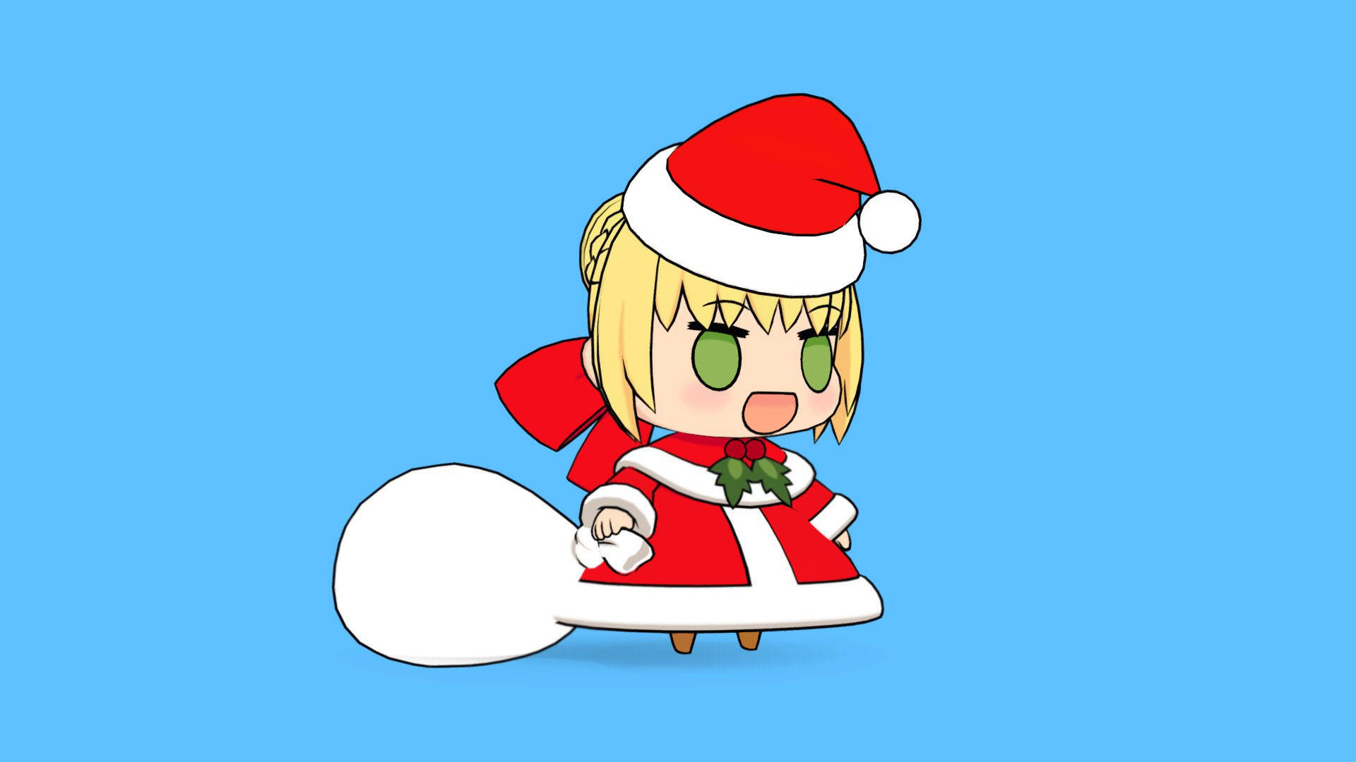 Vrchat Padoru Padoru 壁紙 — 一個穿著紅色聖誕老人服裝的Q版動漫女孩，在純藍色背景上拿著一個白色袋子。