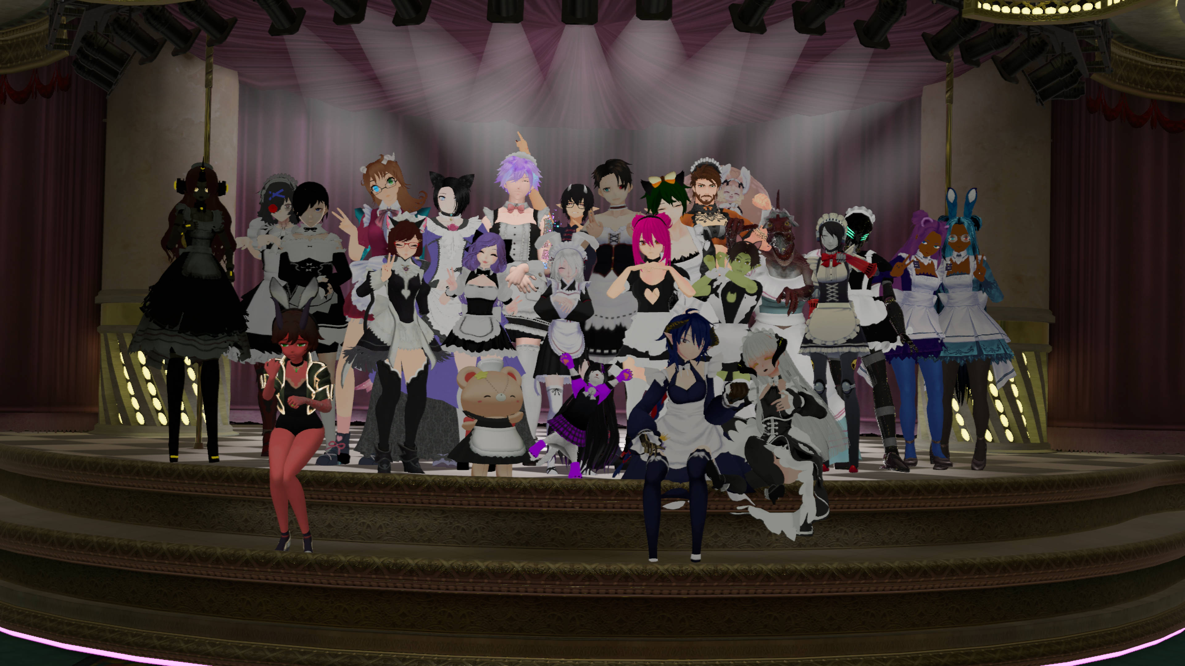 Vrchat Purple Lotus女僕夜 壁紙 — 一群充滿活力的動漫風格角色穿著女僕裝，在戲劇性的紫色燈光下於大舞台上擺姿勢。