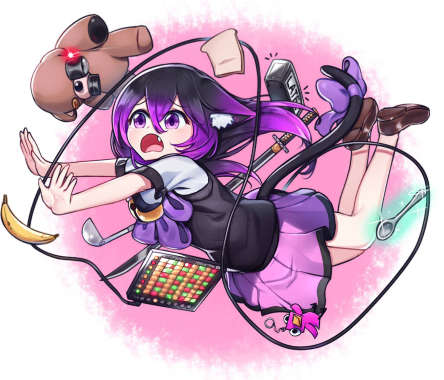 Vrchat Radiant Soul 畫作 壁紙 — 一個驚訝的紫髮動漫女孩被纏繞在混亂的物體漩渦中，包括香蕉劍和泰迪熊。