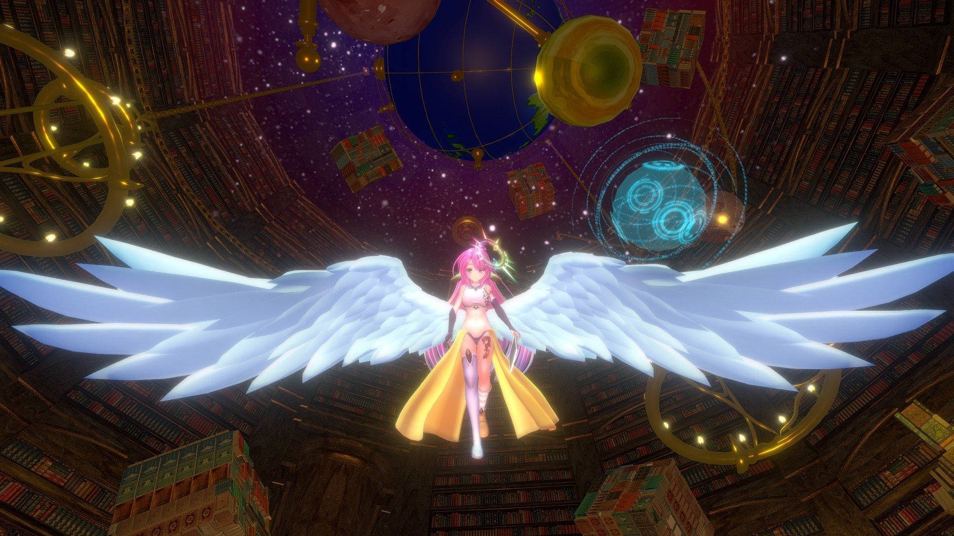 Vrchat 吉布利天使 壁紙 — 一位粉紅色頭髮的動漫女孩，帶著發光的白色翅膀，漂浮在一個充滿漂浮書籍和天體球體的宇宙圖書館中。