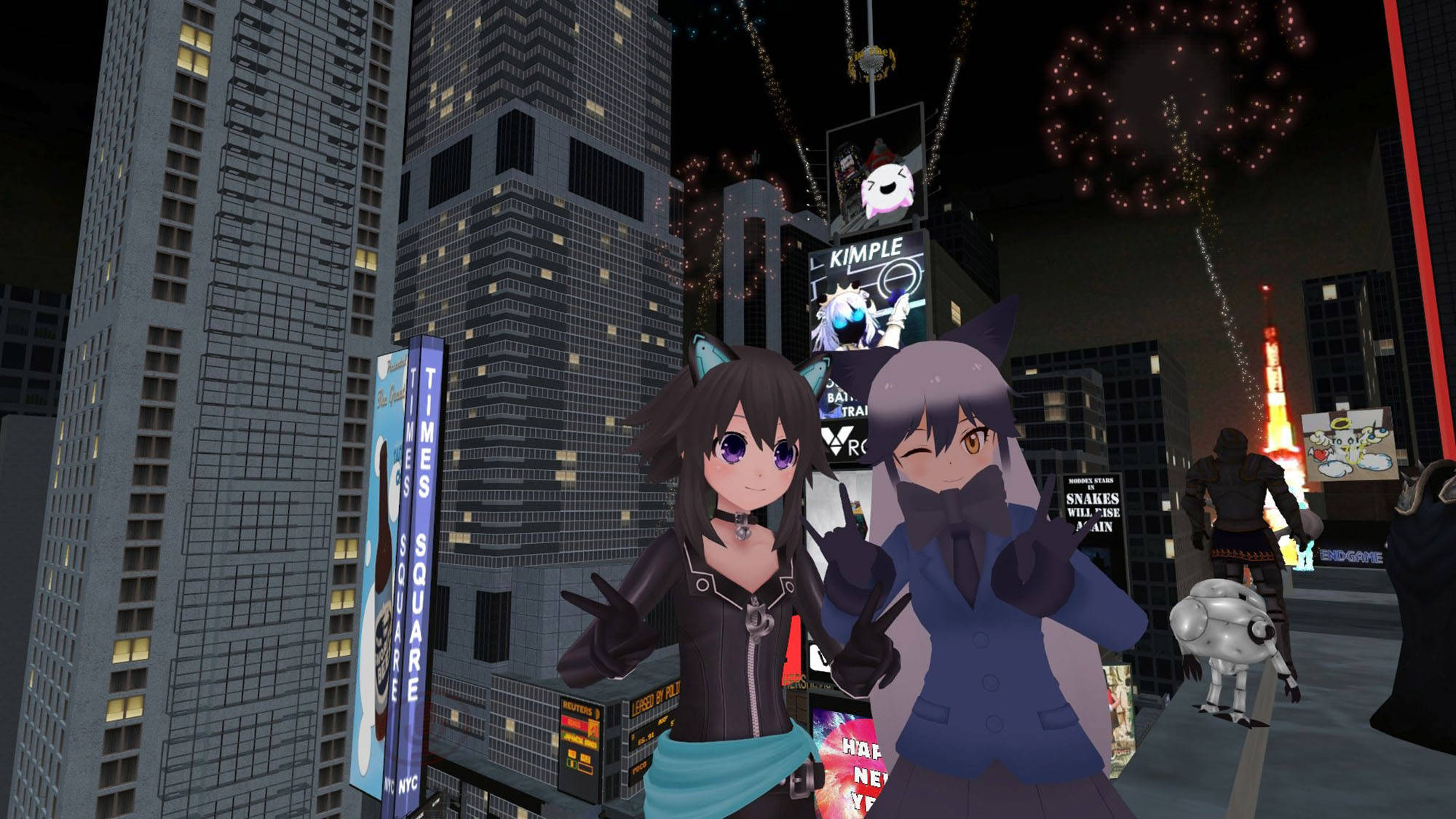 Vrchat 新年煙火 壁紙 — 兩個貓耳動漫女孩在夜晚霓虹燈照亮的時代廣場上擺姿勢，背景有煙火和高聳的廣告牌。