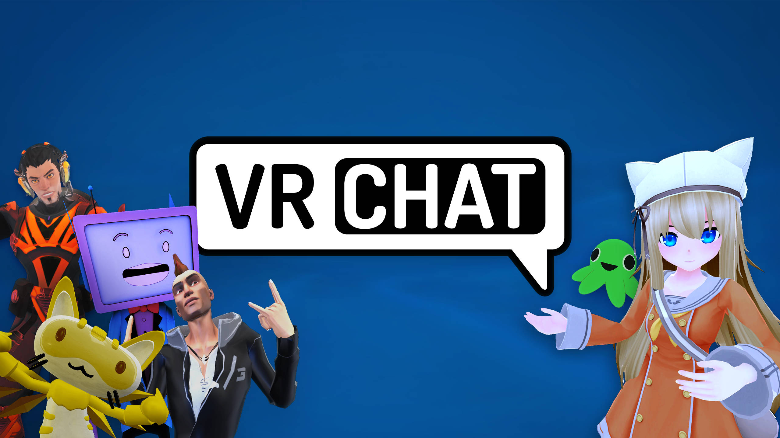 Vrchat標誌海報 壁紙 — 色彩繽紛的VR Chat頭像穿著鮮豔服裝，在純藍色背景上圍繞對話氣泡標誌擺姿勢。