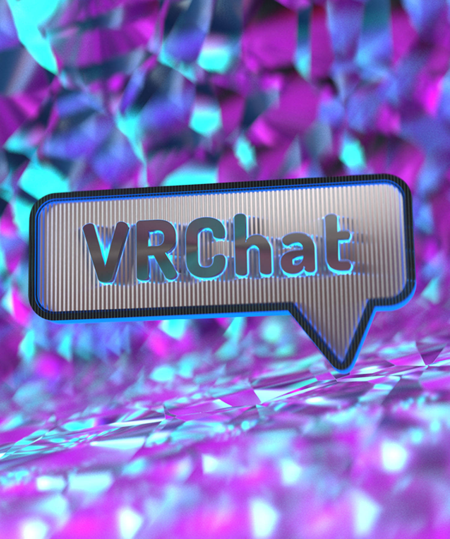Vrchat標誌紫色設計 壁紙 — 一個發光的 VRChat 對話氣泡漂浮在閃爍的紫色和藍色水晶表面上。