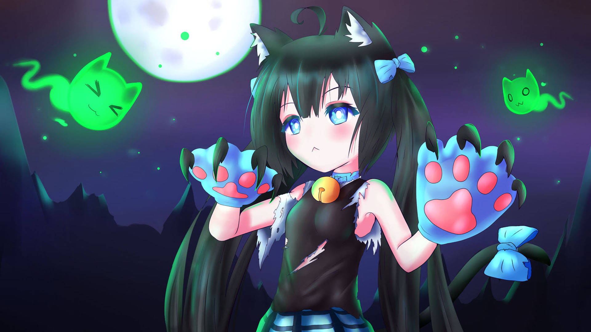 VRChat萬聖節Kromia 壁紙 — 一個可愛的動漫女孩，長著貓耳朵，在黑暗森林的滿月下帶著發光的綠色幽靈。