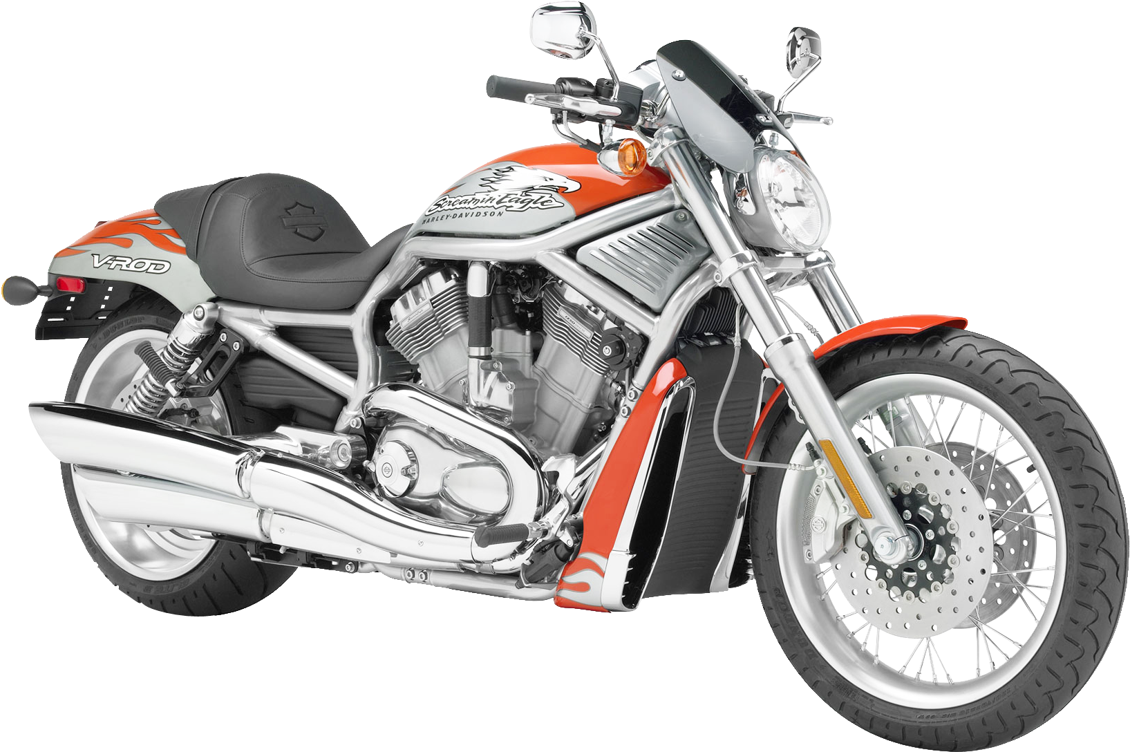 哈雷戴維森VRod摩托車 壁紙 — 一架時尚的橙色和鍍鉻Harley-Davidson V-Rod電單車，帶有鍍鉻排氣管和輻條輪，孤立在黑色背景前。
