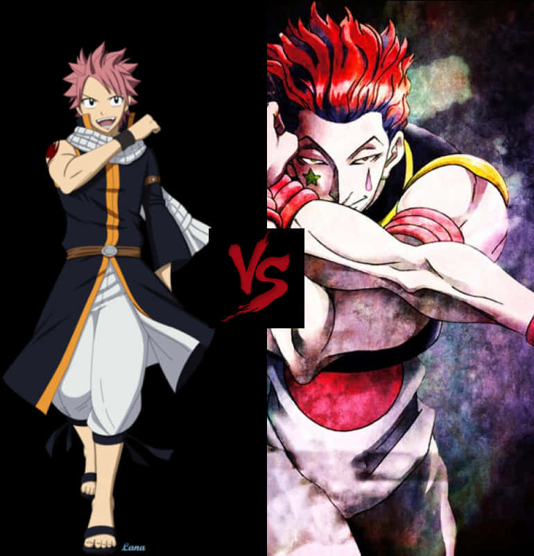 動畫對決：納斯塔 vs Hisoka 壁紙 — 兩位動漫戰士在戲劇性的對決戰鬥場景中對峙，帶有粗體紅色VS文字。