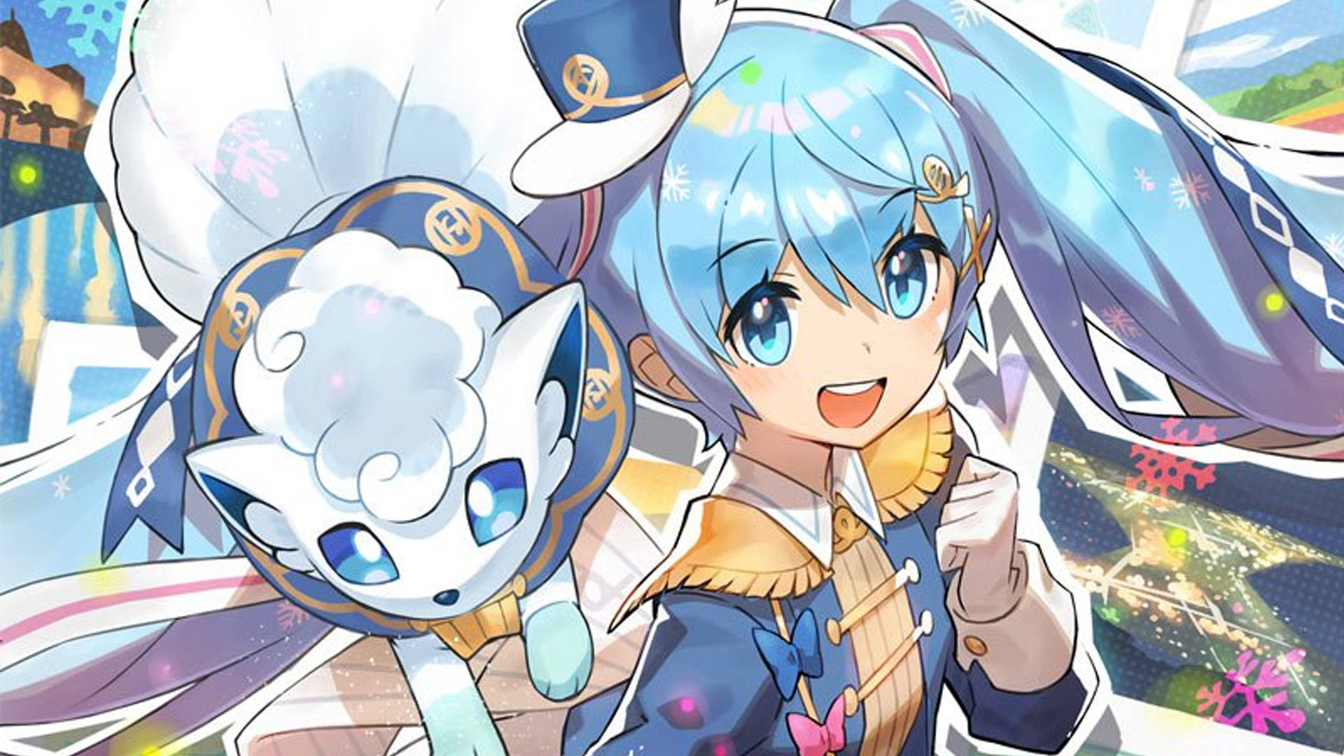 Vulpix 與他的主人 壁紙 — 一個開心的動畫女孩，藍色頭髮，和一隻白色的狐狸狀生物，穿著華麗的藍色服裝，背景是充滿活力的城市景觀。
