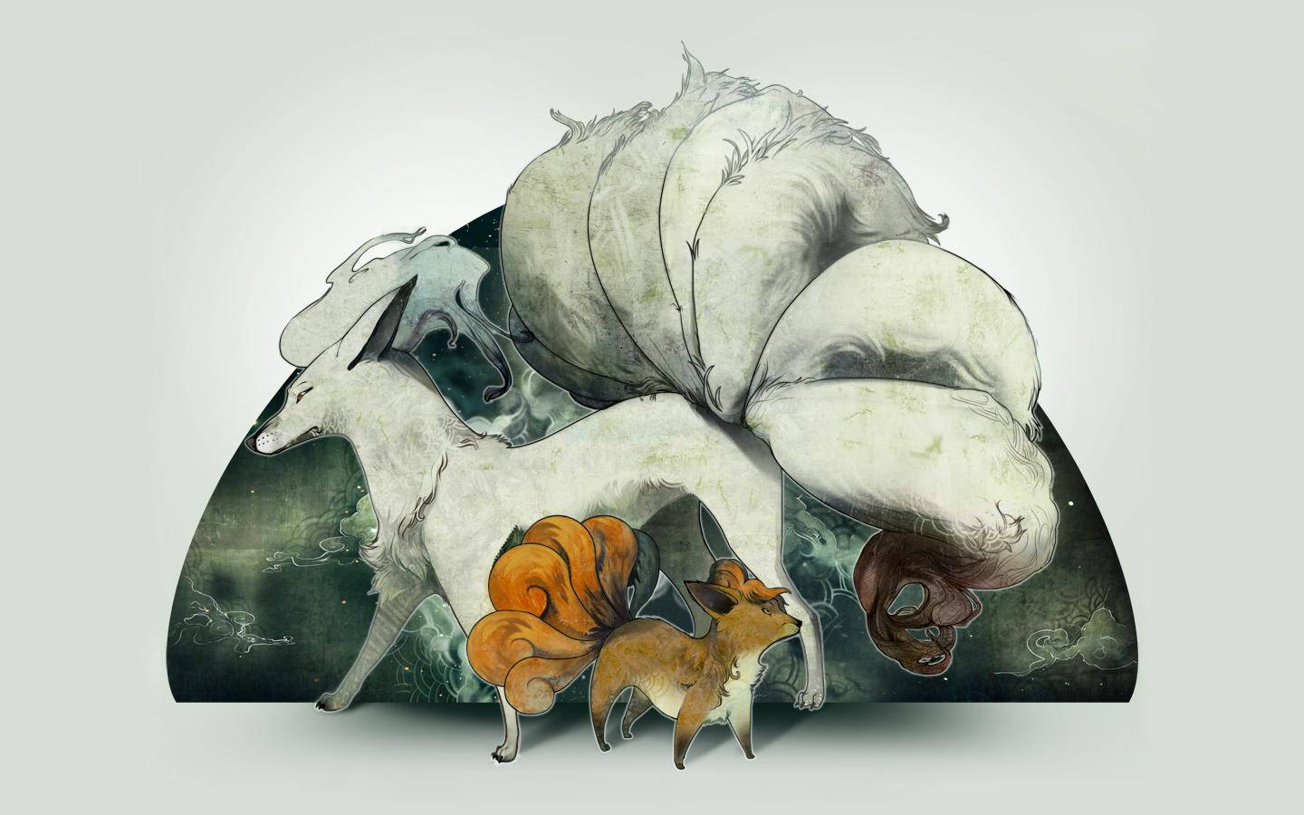 Vulpix與Ninetails背對背酷炫繪畫 壁紙 — 一隻毛髮飄逸的雄偉白色九尾狐，站在一隻較小的橙色狐狸旁邊，背景是黑暗神秘的。