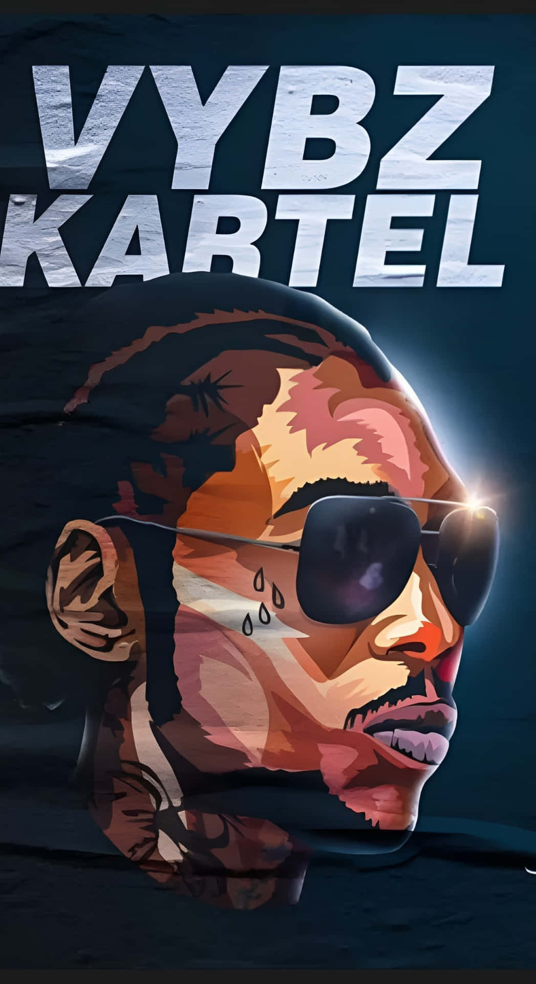  壁紙 — Vybz Kartel 的風格化數位肖像，戴著太陽眼鏡，在深色背景上有粗體文字。