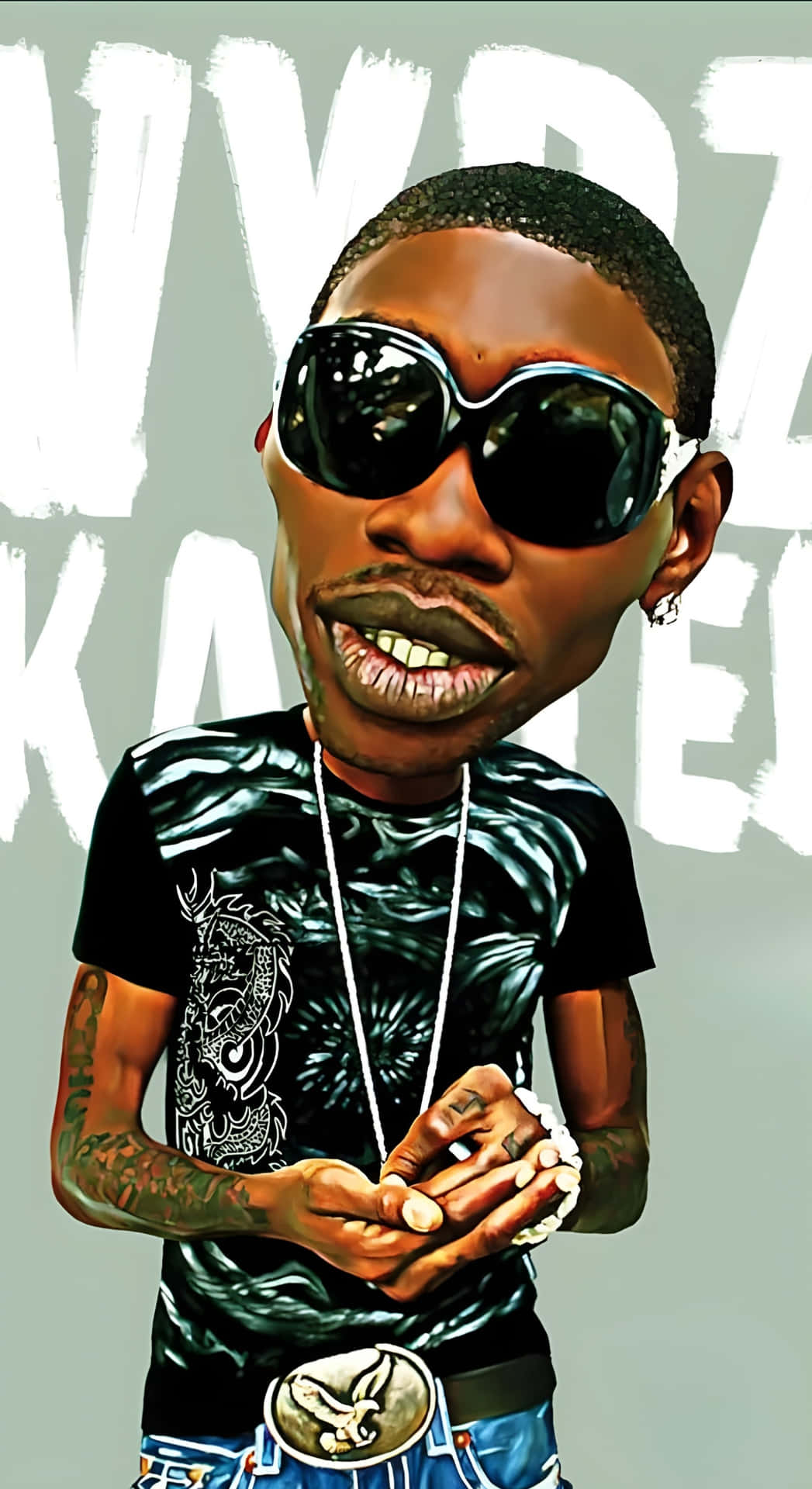 Vybz Kartel 漫畫風格肖像 壁紙 — 一個風格化的卡通肖像，描繪一名戴著超大太陽眼鏡、有紋身、穿著大膽圖案T恤的男子，背景是塗鴉。