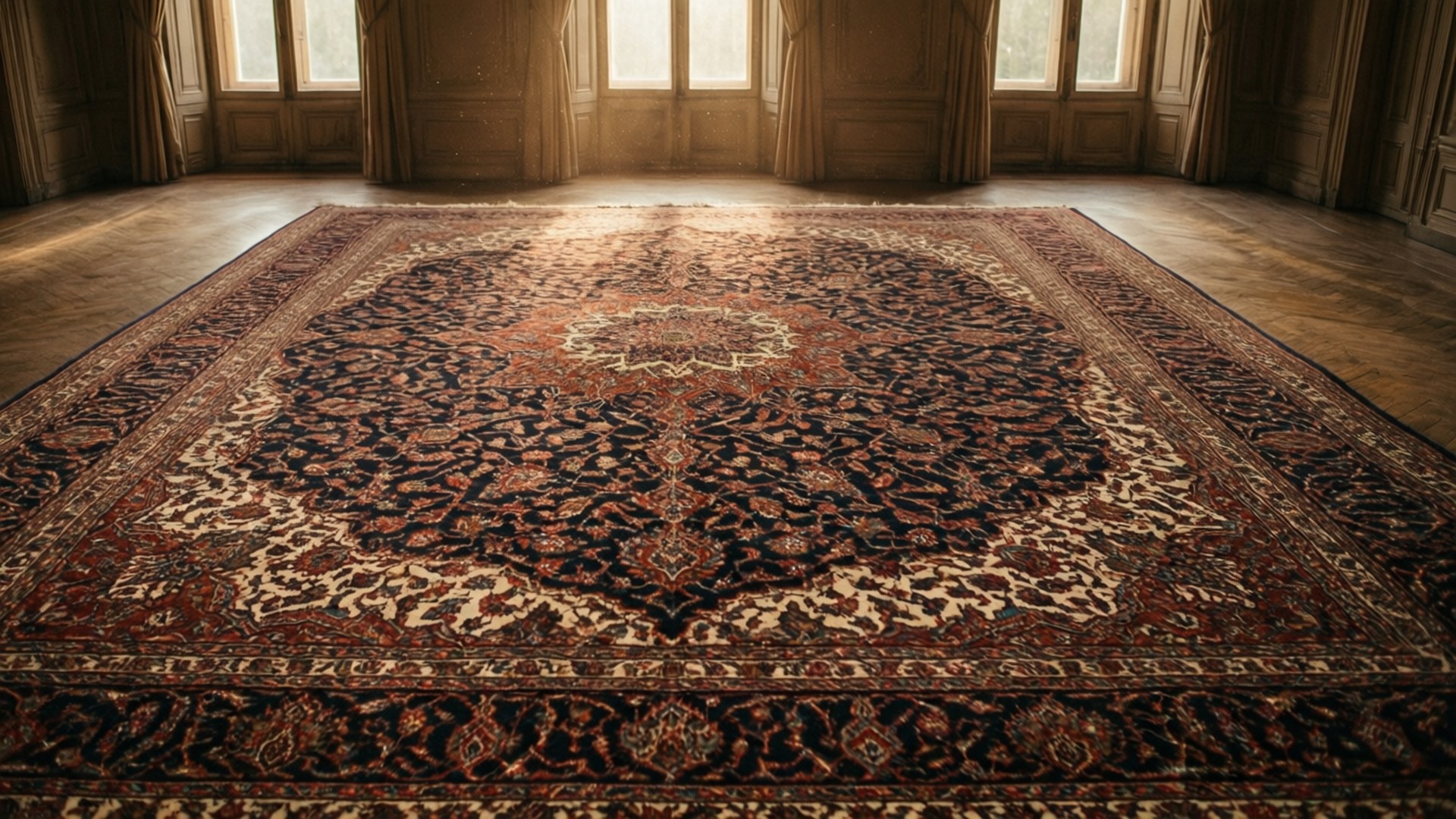 Persian Carpet 桌布 壁紙 — 一張華麗的波斯地毯，帶有深紅色和奶油色的複雜花卉圖案，主導著一個陽光充足的古董房間，房間有高窗和木地板。
