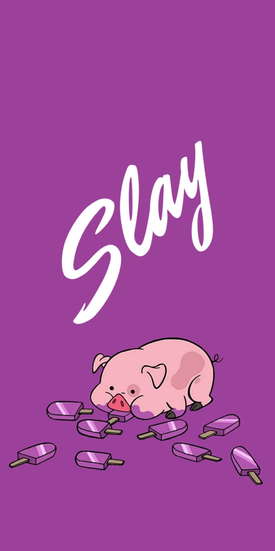 粉紅色卡通豬被紫色冰棒包圍，帶有「Slay」文字。