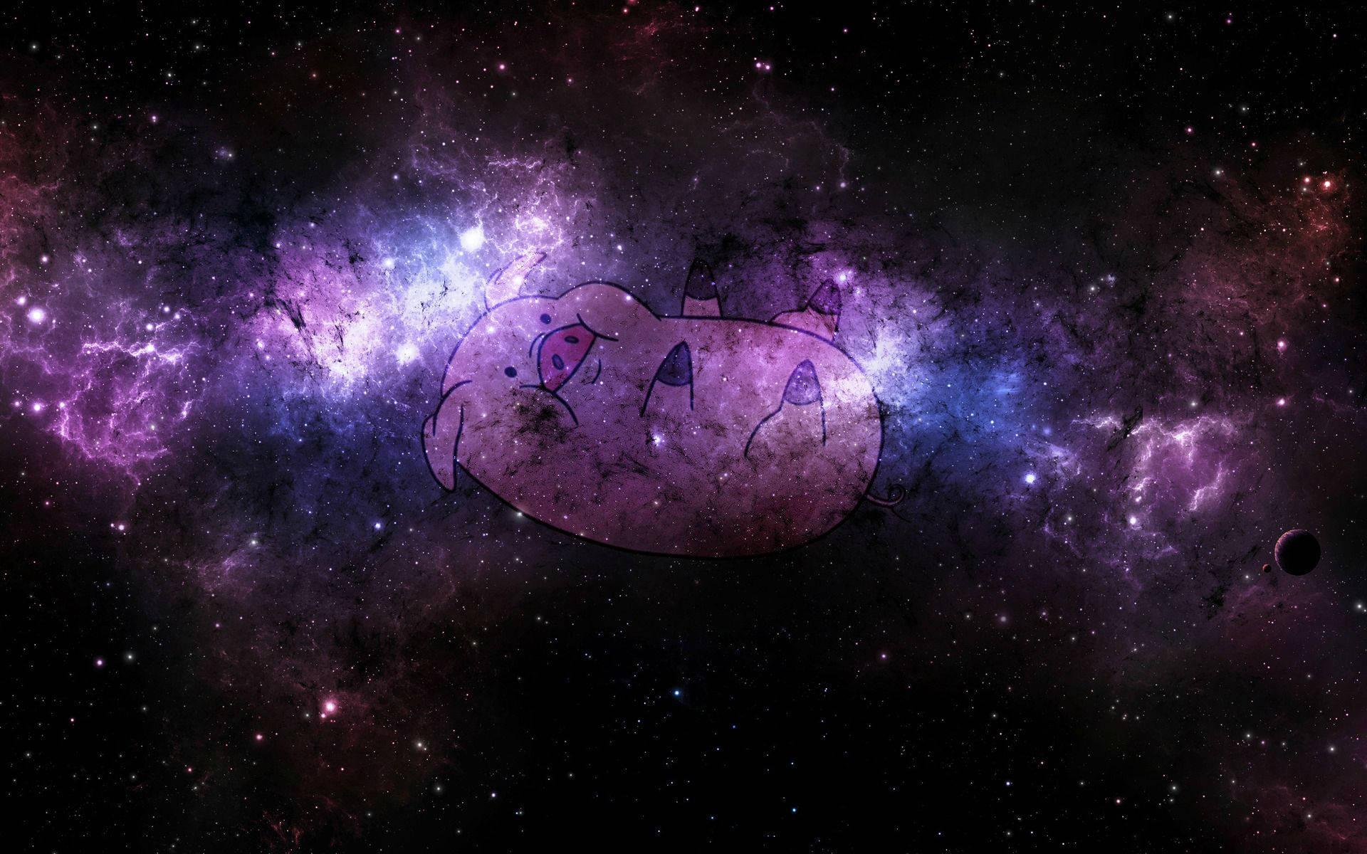 一隻卡通豬在色彩繽紛的星空宇宙星雲中睡覺。