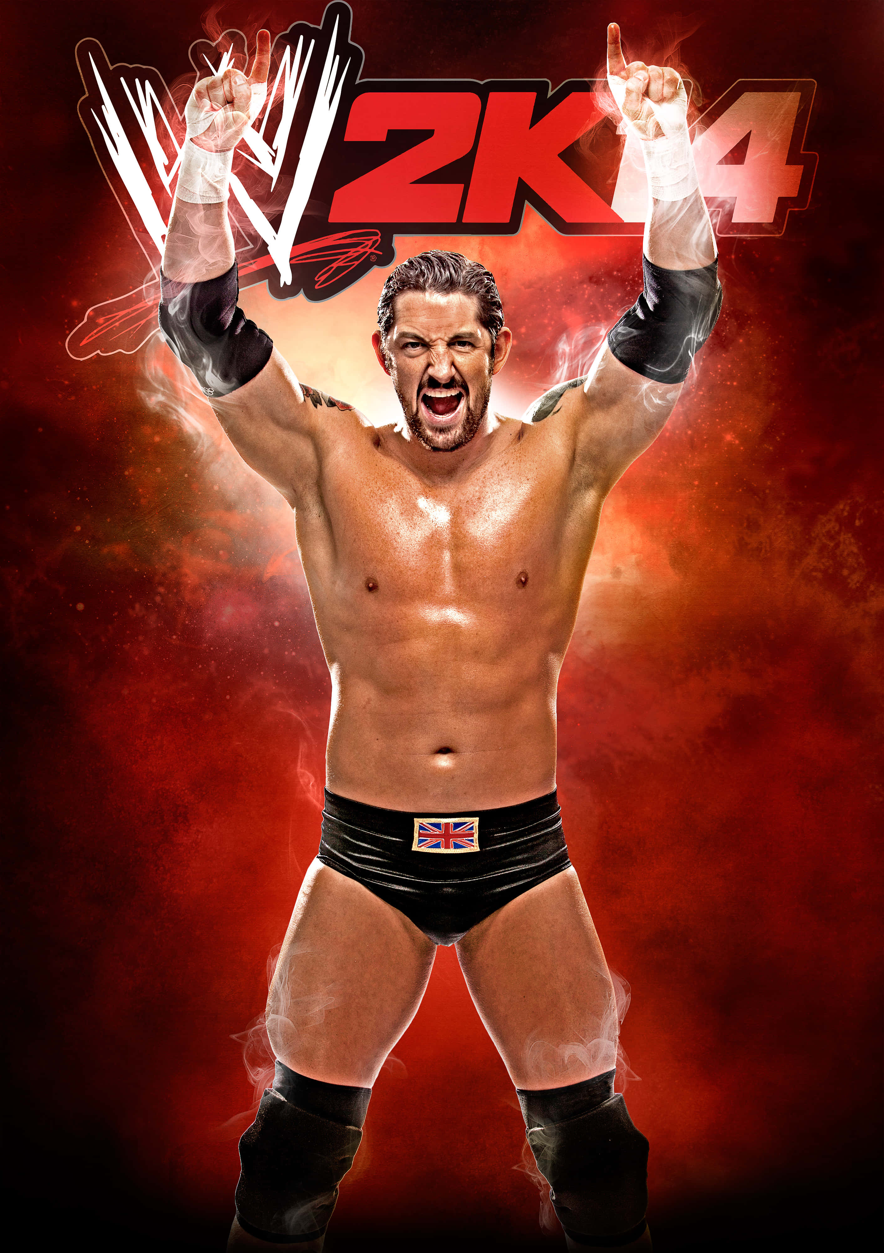 Wade Barrett在WWE 2K14中展現動作 壁紙 — 一位肌肉發達的摔角手穿著英國國旗短褲，在火紅的背景下高舉雙臂，發出勝利的咆哮。