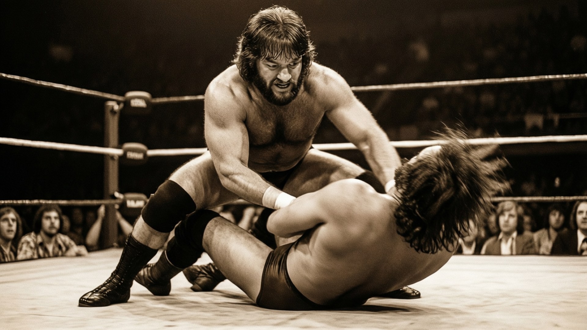 Two wrestlers in a ring with one pinning the other during a match. 壁紙