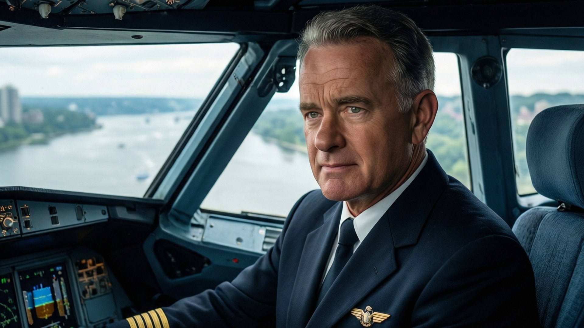 Sully Heroic Landing 壁紙 — 一位身穿制服嘅資深機師喺飛機駕駛艙內冷靜咁望住河流同城市景觀。