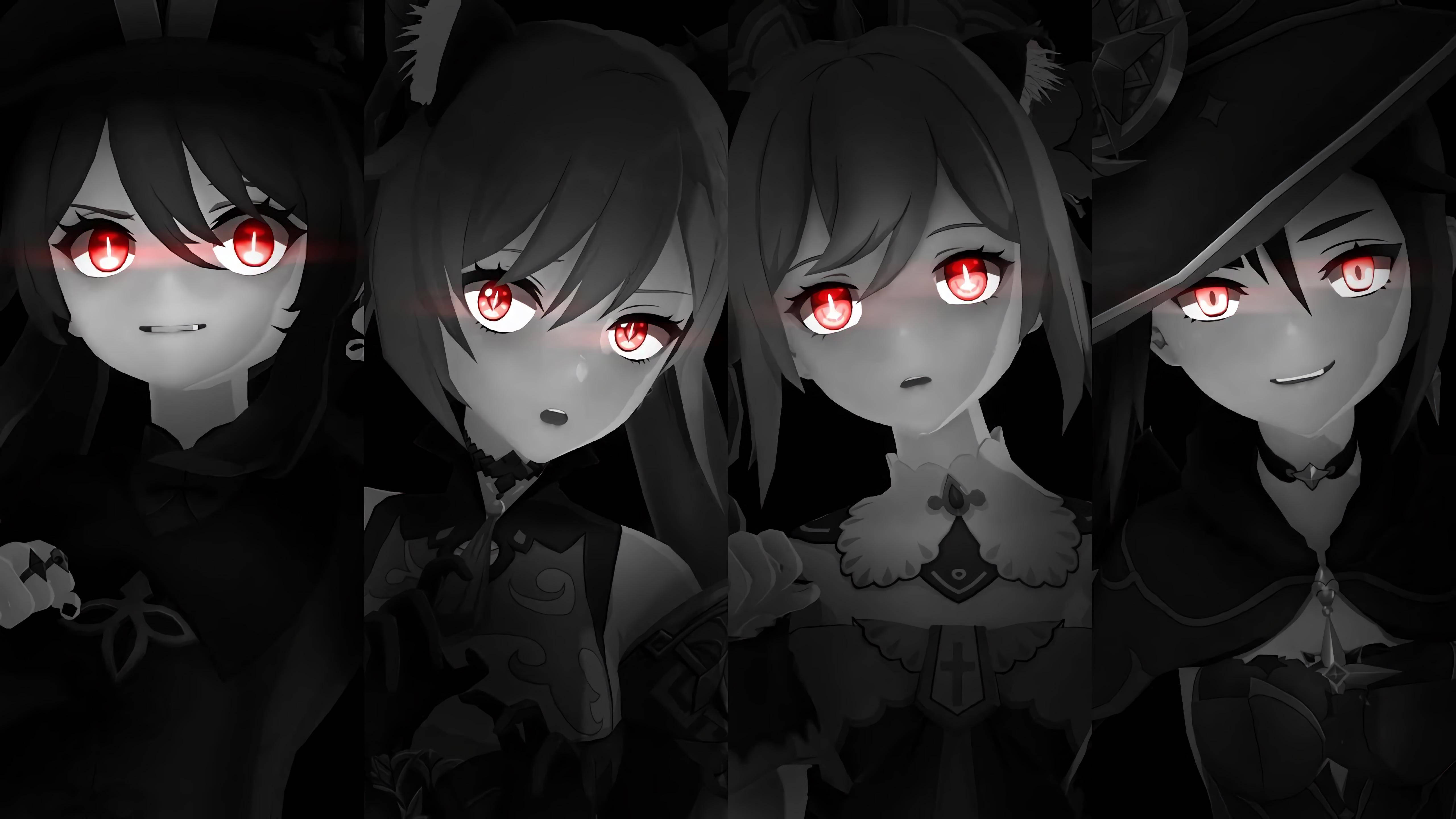 新Waifu 壁紙 — 四個動漫女孩，眼睛發出紅光，身穿黑色斗篷，以單色排列站立，散發出詭異的神秘感。
