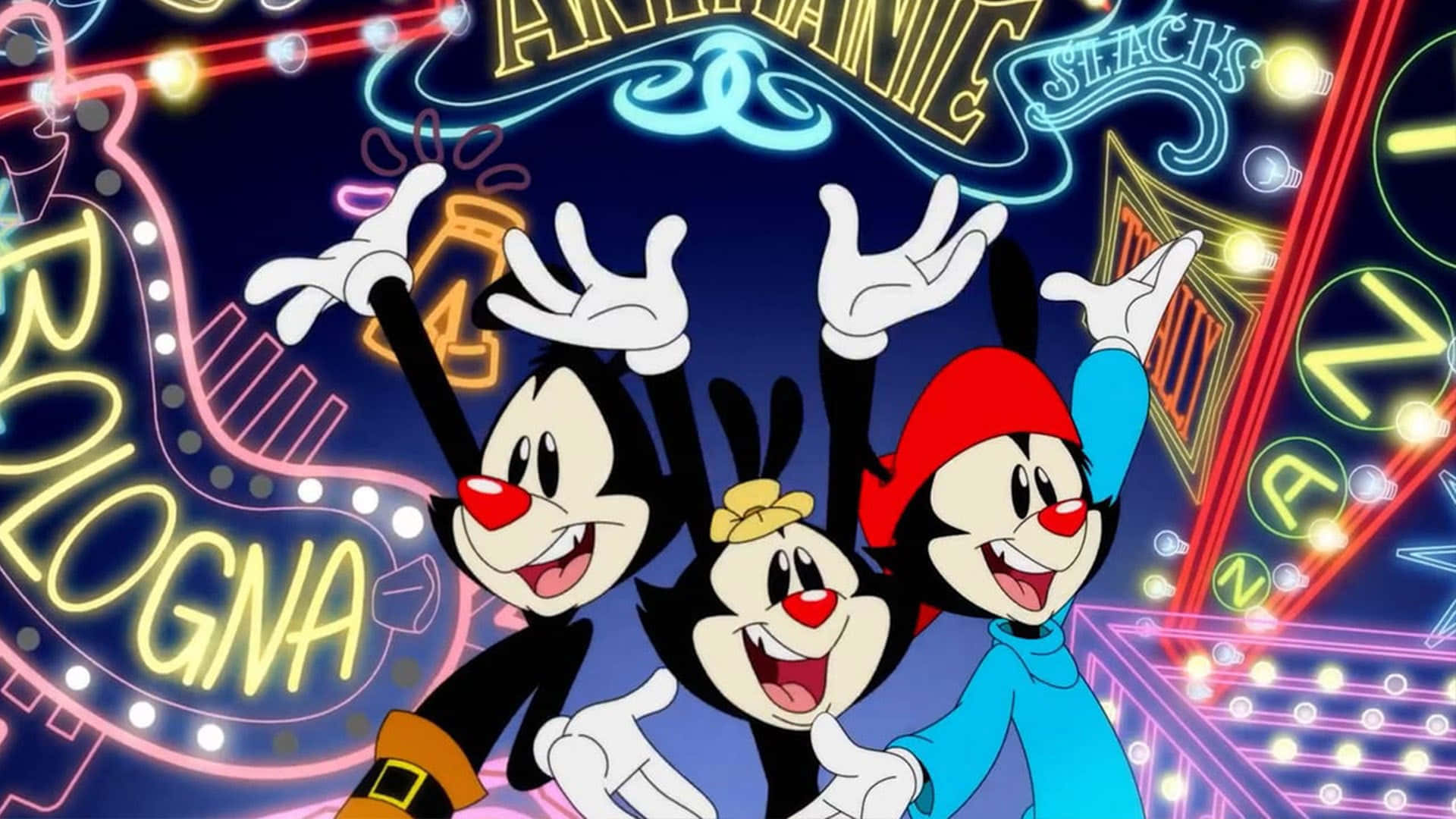 Wakko、Yakko 與 Dot 準備與你分享他們的趣事與冒險！ 壁紙 — 三個卡通角色喺充滿活力嘅霓虹燈賭場背景下，帶住發光招牌開心擺甫士。