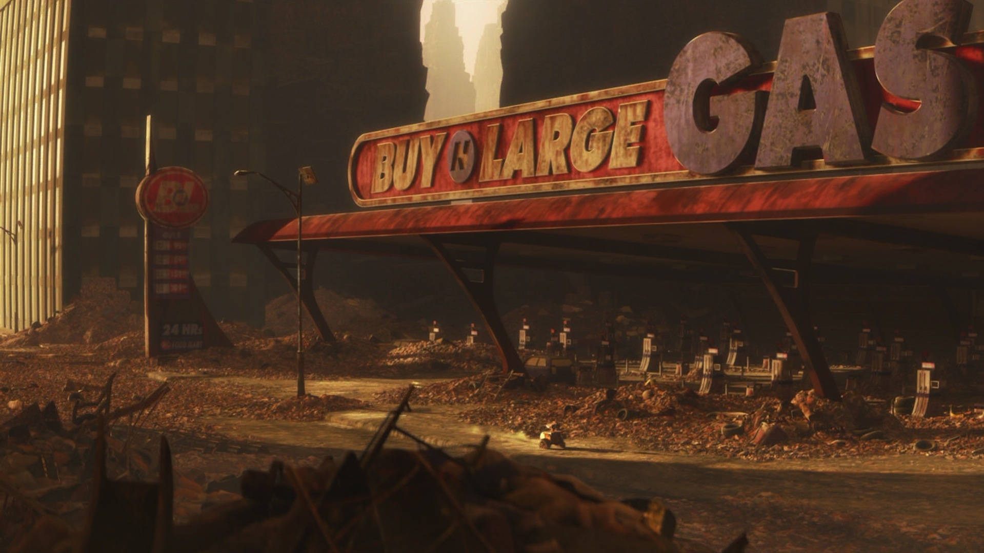WALL-E 在 Buy N Large 壁紙 — 一個破舊的加油站招牌，上面寫著「BUY LARGE GAS」，在發光的天空下矗立於瓦礫之中，呈現後末日都市荒原的景象。