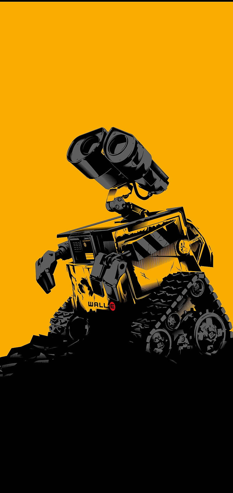 WALL-E 酷炫安卓向量壁紙 壁紙 — 一個黑色和黃色的機械人，擁有雙筒望遠鏡般的眼睛，站在純橙色背景前。