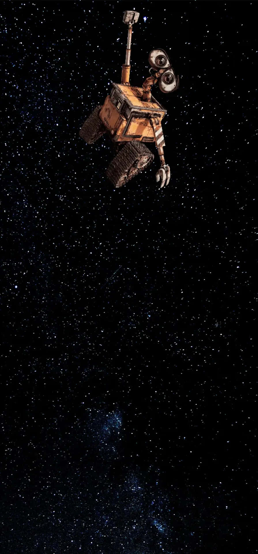  壁紙 — Wall-E 獨自漂浮在浩瀚星空的虛空中，下方有遙遠的星雲發光。