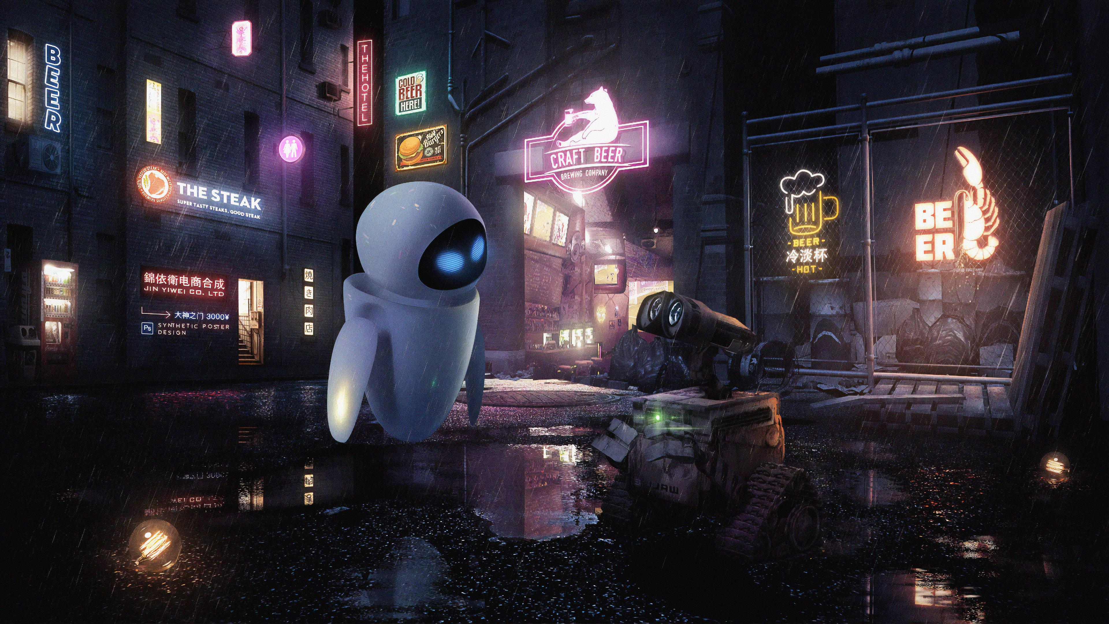 WALL-E 與 EVE 黑夜飄浮 壁紙 — 一個發著藍光的小型白色機械人站在雨中的霓虹燈小巷裡，旁邊是一個較大的生鏽機械人。