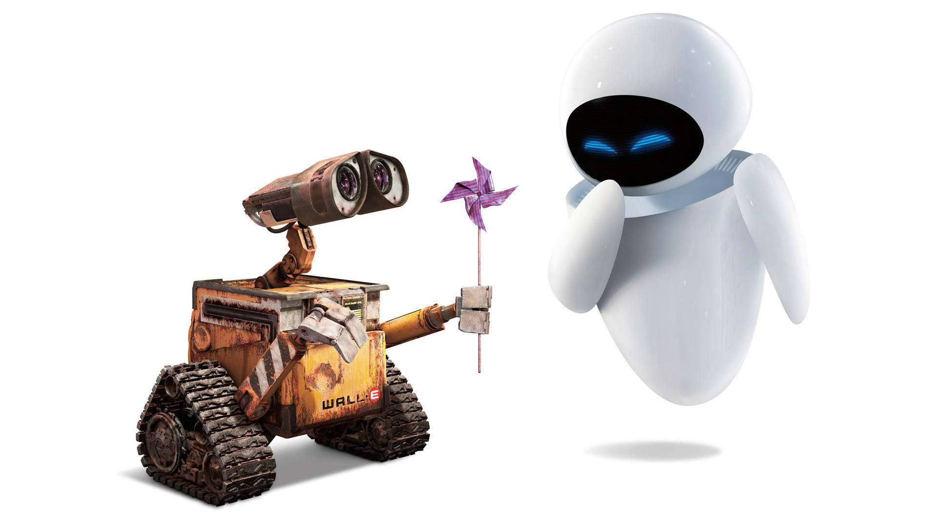 Wall-E 向EVE展示紫色風車，兩個機械人在白色背景上微笑。