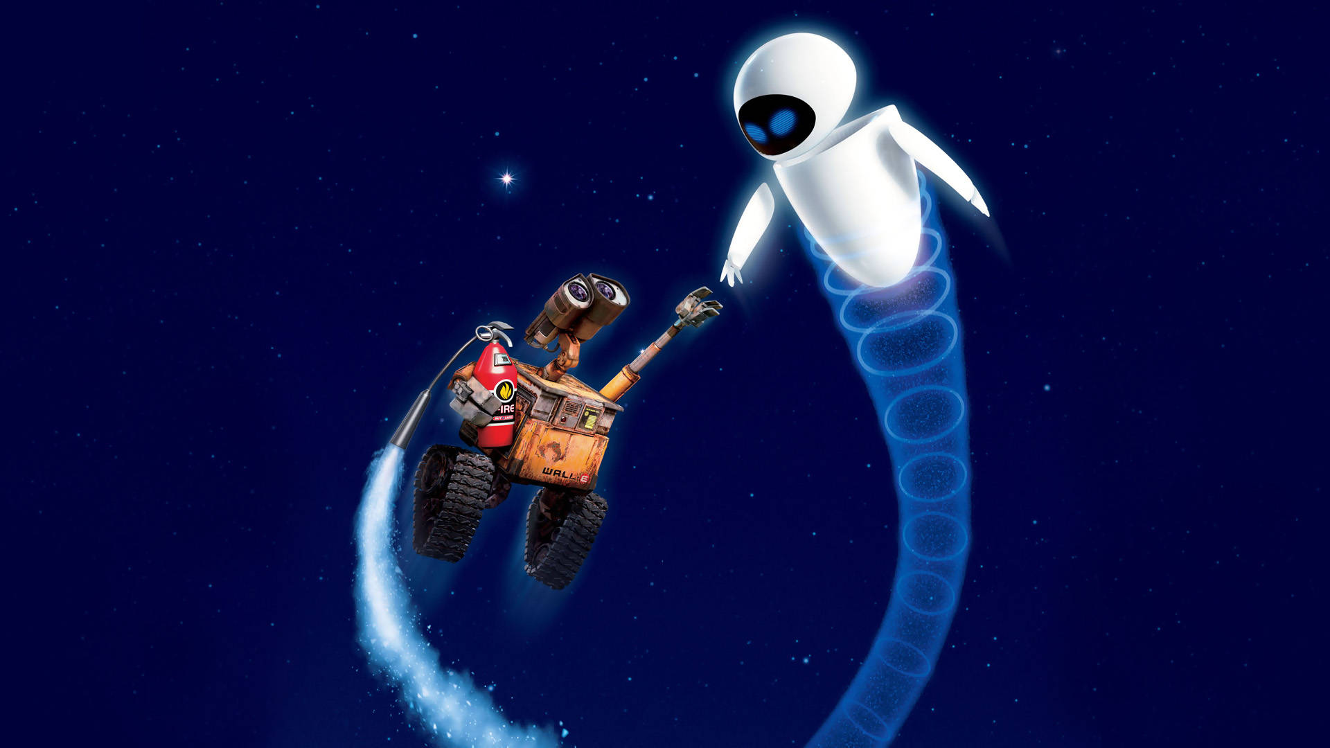 WALL-E 和 EVE 在太空中飛行，留下發光軌跡