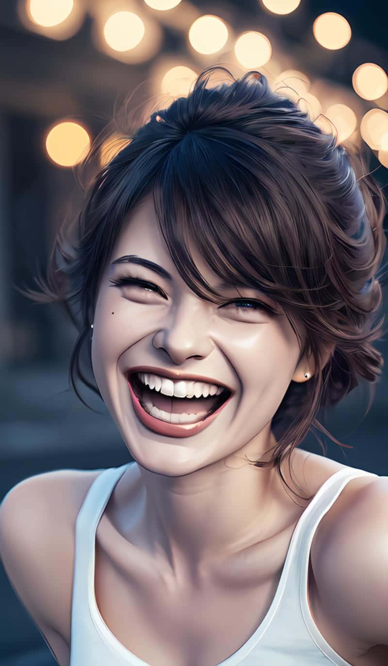  壁紙 — 一位快樂的女性在溫暖的散景背景下，睜大眼睛、棕髮蓬鬆，開懷大笑。