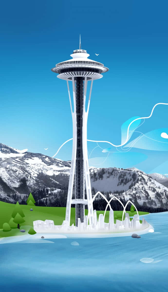  壁紙 — 一個風格化的白色太空針塔從白雪覆蓋的山湖中升起，背景是清澈的藍天，帶有抽象的藍色漩渦。