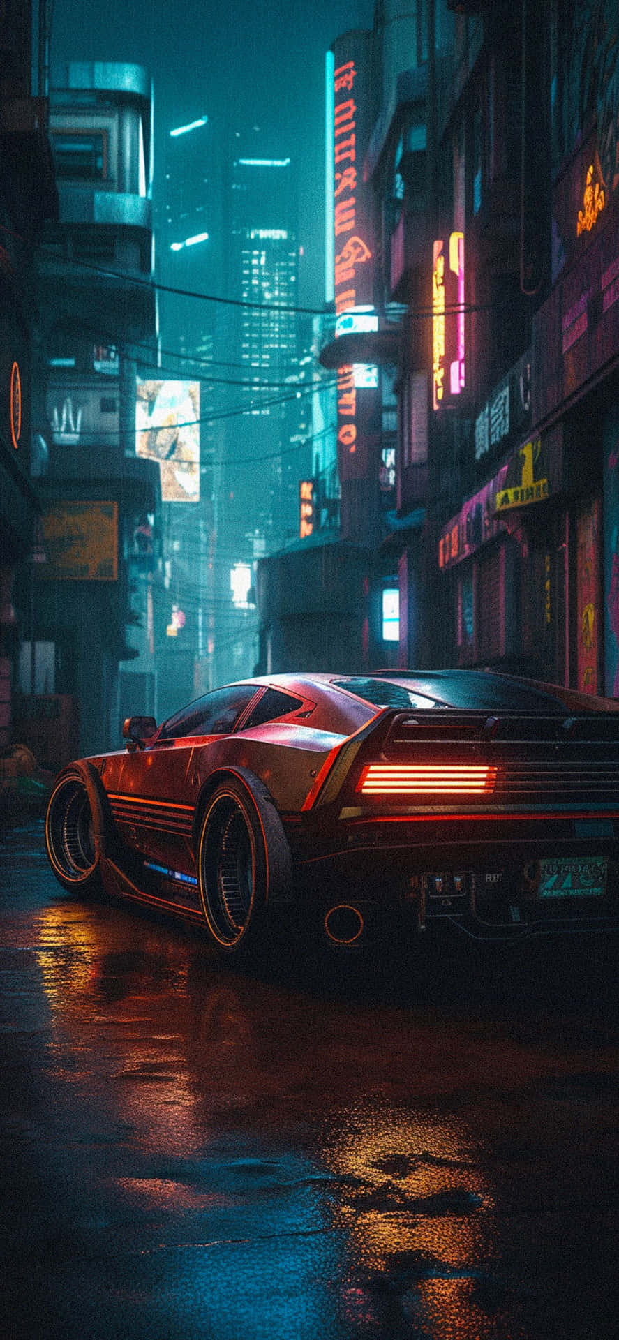  壁紙 — 一輛時尚的紅色跑車在霓虹燈下閃耀，夜晚的雨濕賽博朋克街道上。