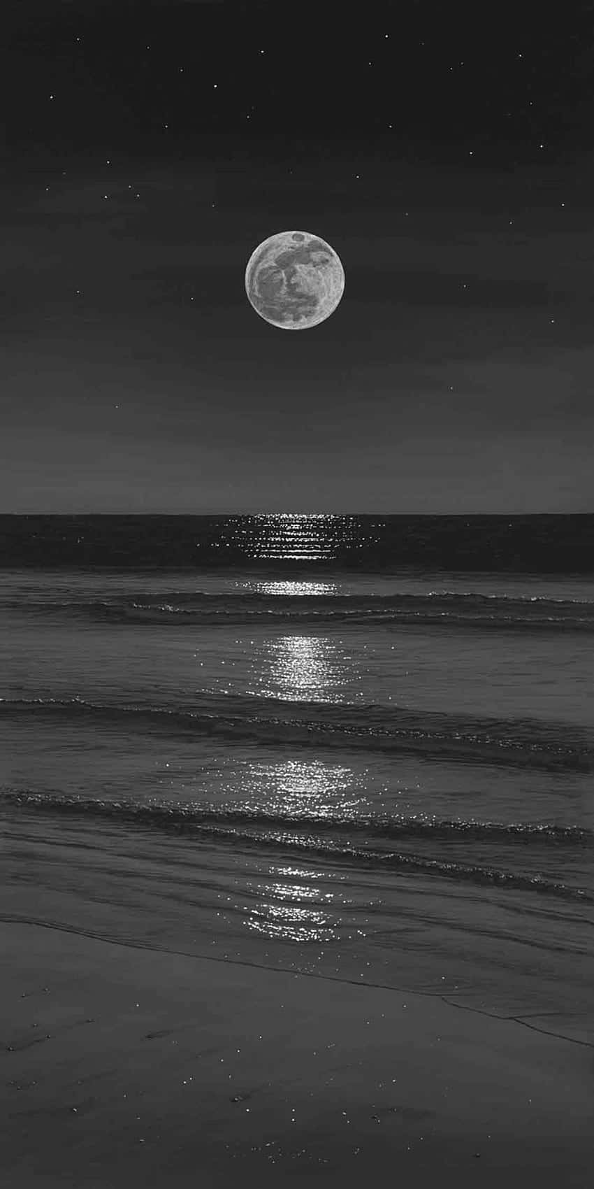  壁紙 — 一個寧靜的黑白夜景，滿月映照在平靜的海浪上，星空璀璨。