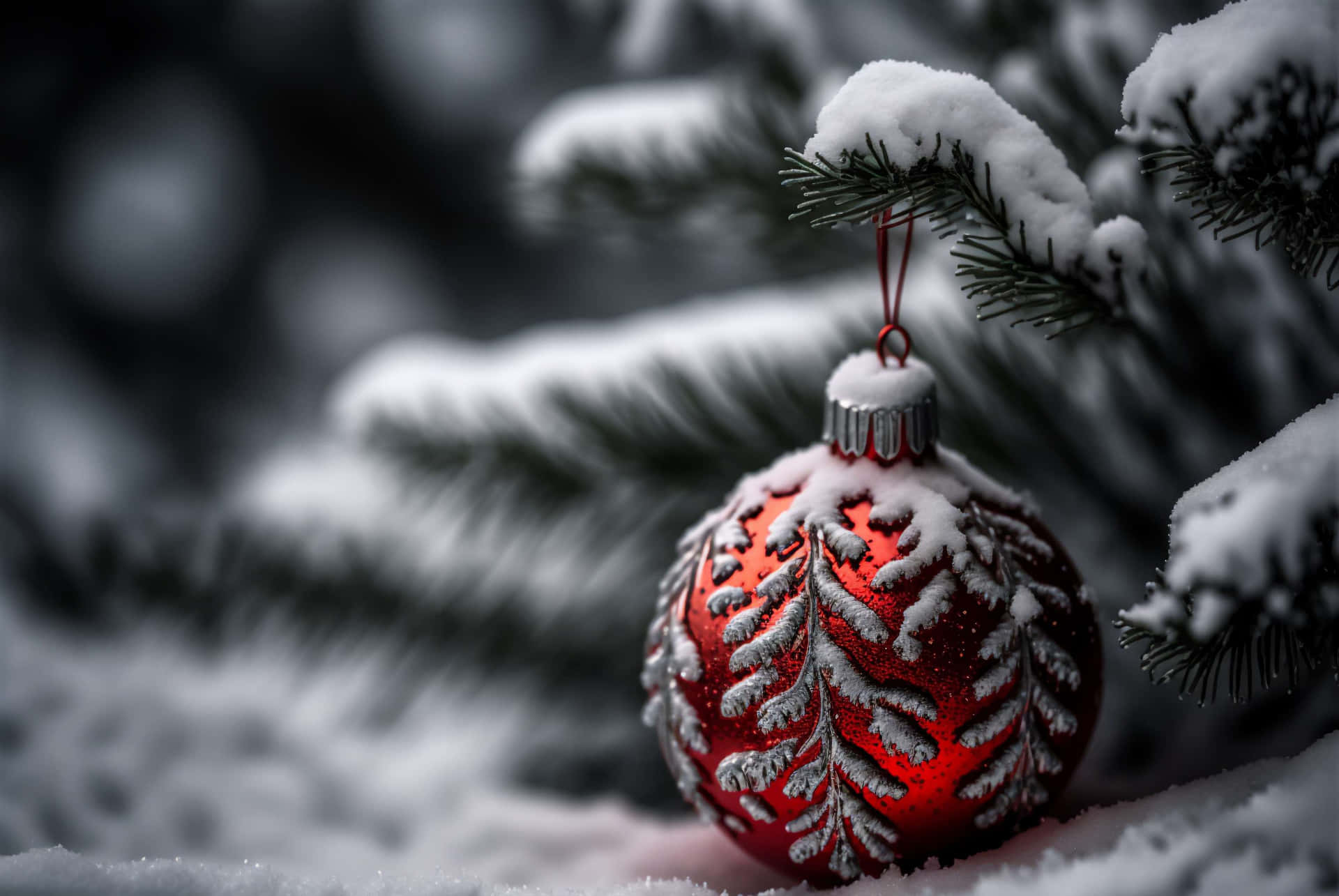  壁紙 — 一個鮮紅色、沾滿雪的聖誕裝飾品掛在冬日森林場景中一條積雪的松樹枝上。