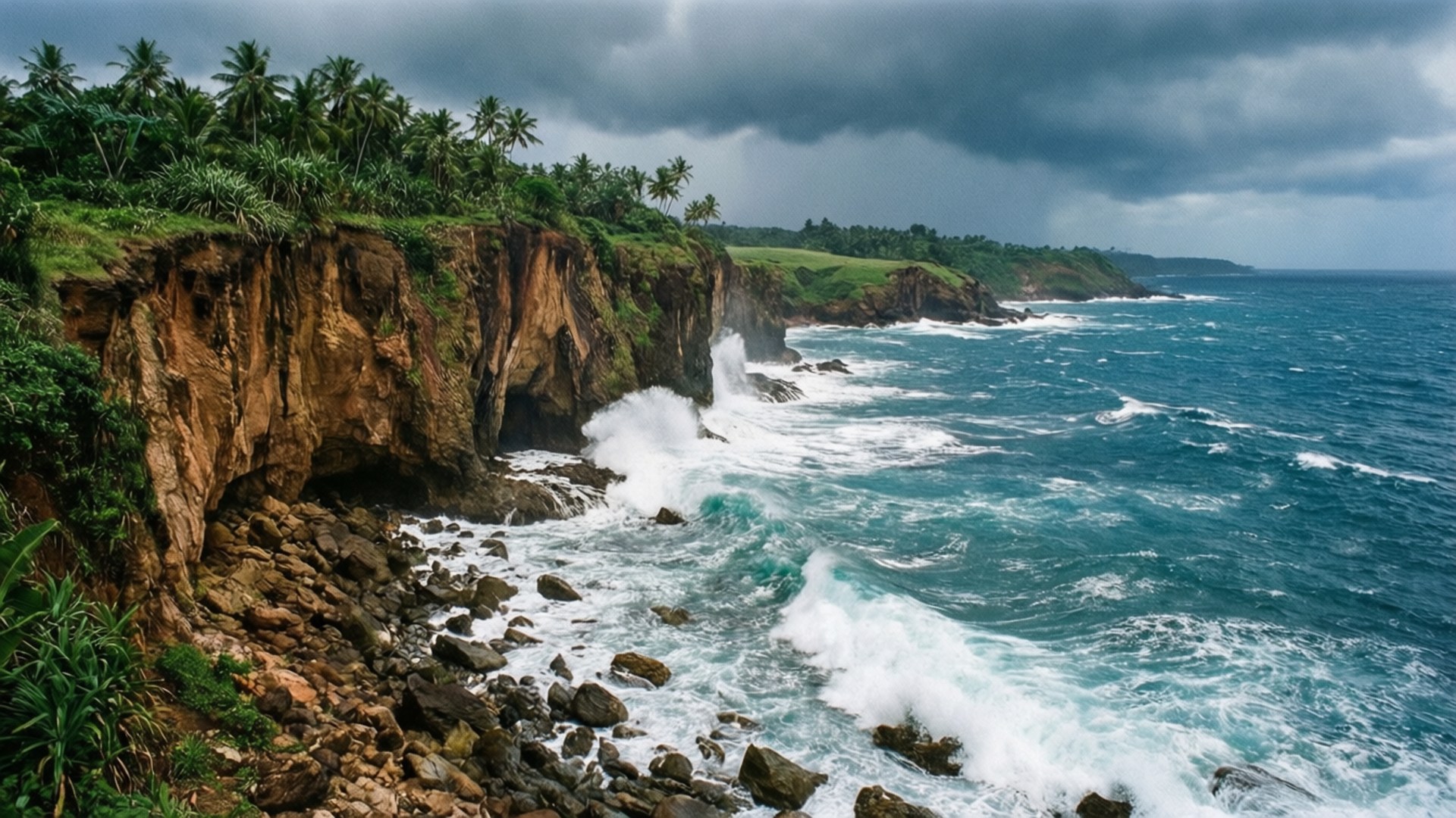 Liberia 桌布 壁紙 — 強烈的藍綠色海浪拍打著崎嶇的懸崖，懸崖頂上長滿茂密的棕櫚樹，天空風雨欲來。