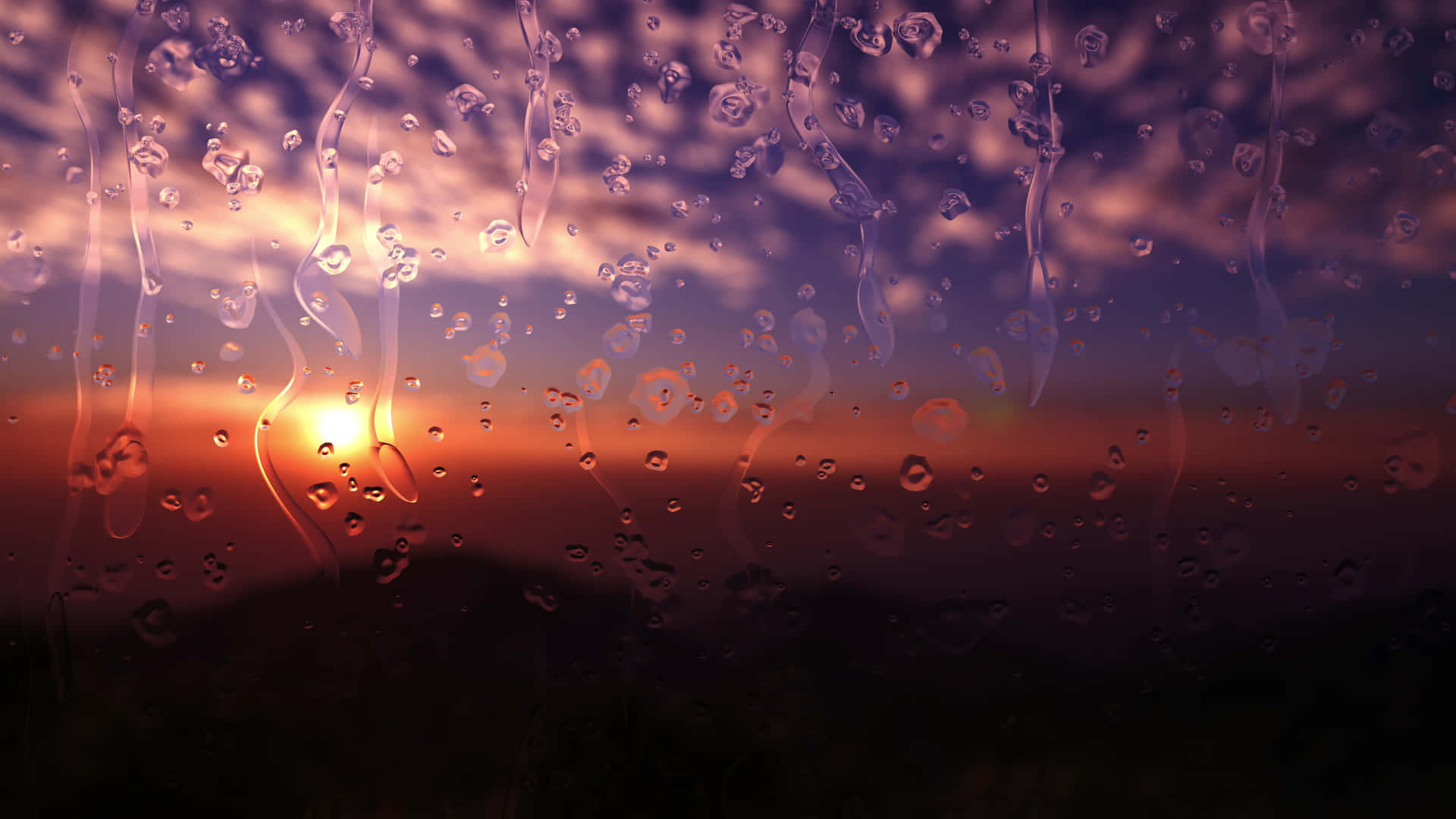 自然中的陰雲密布景象 壁紙 — 透過被雨水打濕的窗戶觀賞日落，水滴扭曲了溫暖的橙色和紫色天空。