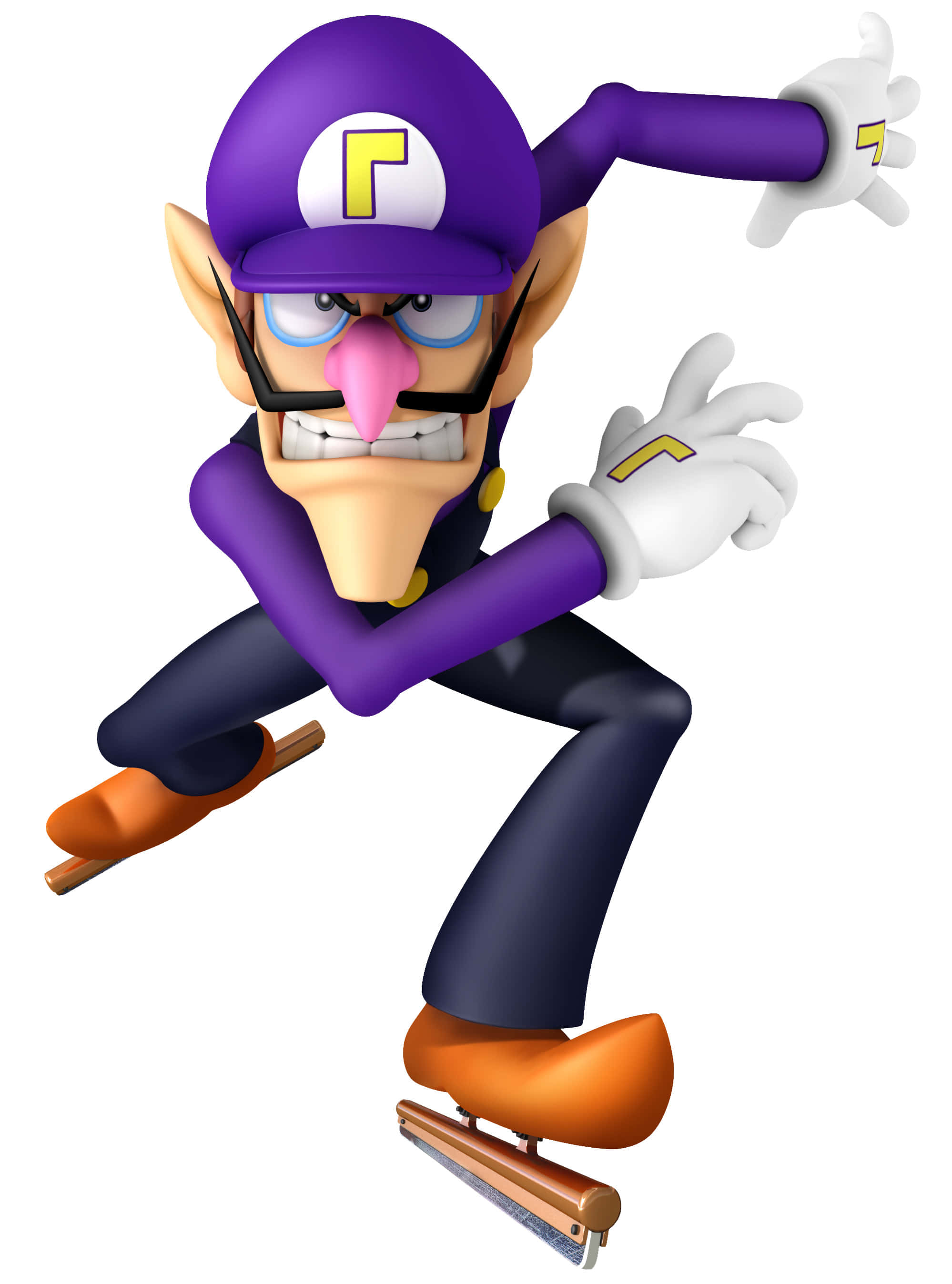 Waluigi 桌布 壁紙 — Waluigi 以動感溜冰姿勢呈現，身穿紫色服裝和橙色溜冰鞋，背景為白色。