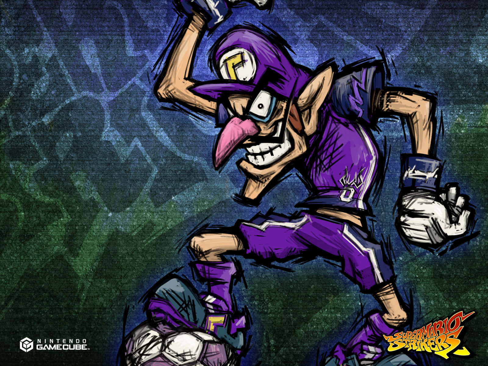 Waluigi 桌布 壁紙 — Waluigi 以動感紫色足球姿勢，咧嘴而笑，背景為帶紋理的藍綠色。