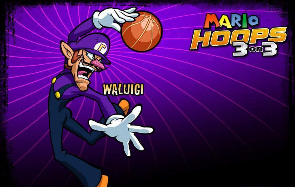 Waluigi 桌布 壁紙 — Waluigi 以動態姿勢運球，背景為充滿活力的紫色放射狀背景，並帶有遊戲標題文字。